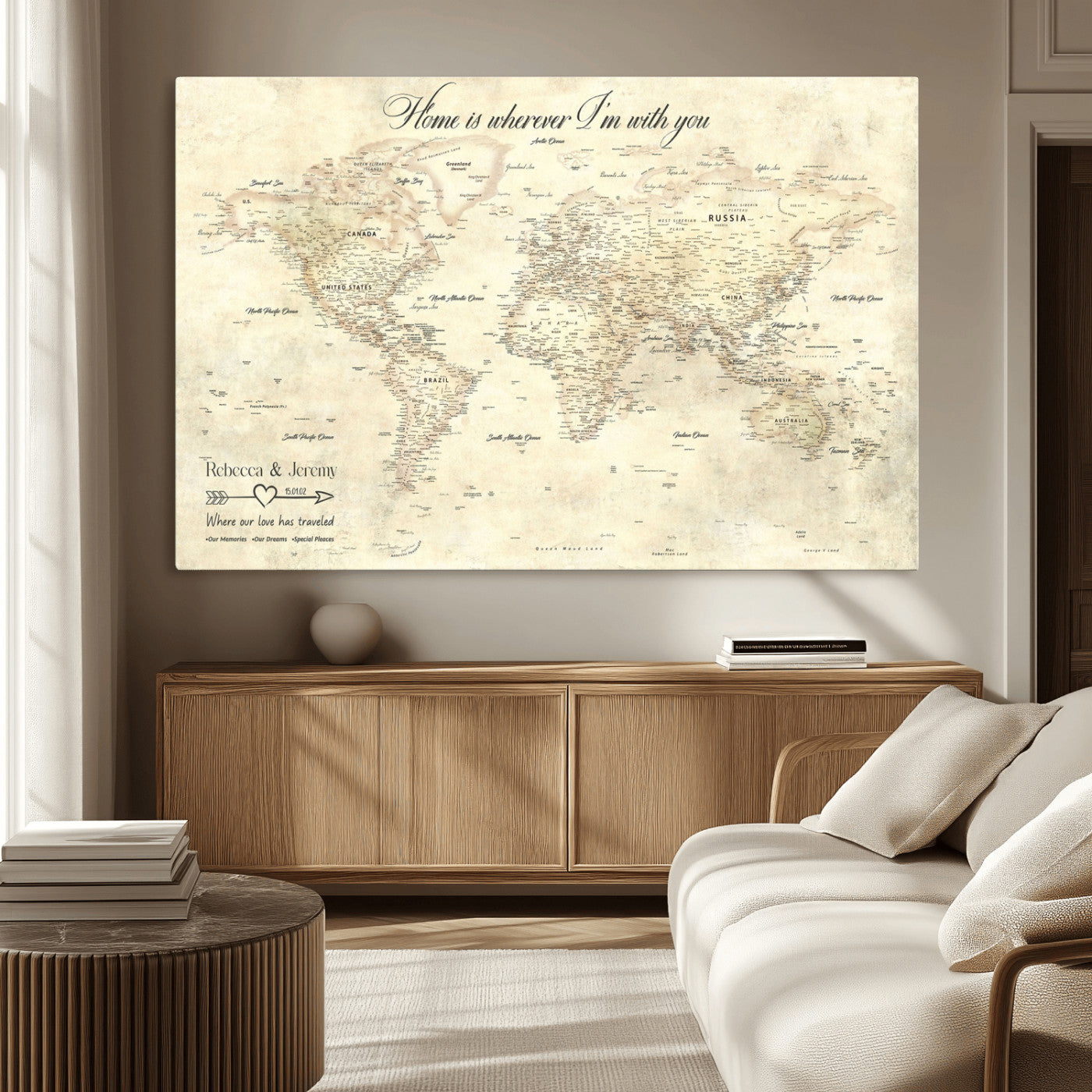 57950315-MGV-CV-36X24-Personalized World Map Wall Art – Vintage Beige Travel Map with Custom Names, Romantic Anniversary Gift for Couples, Adventure