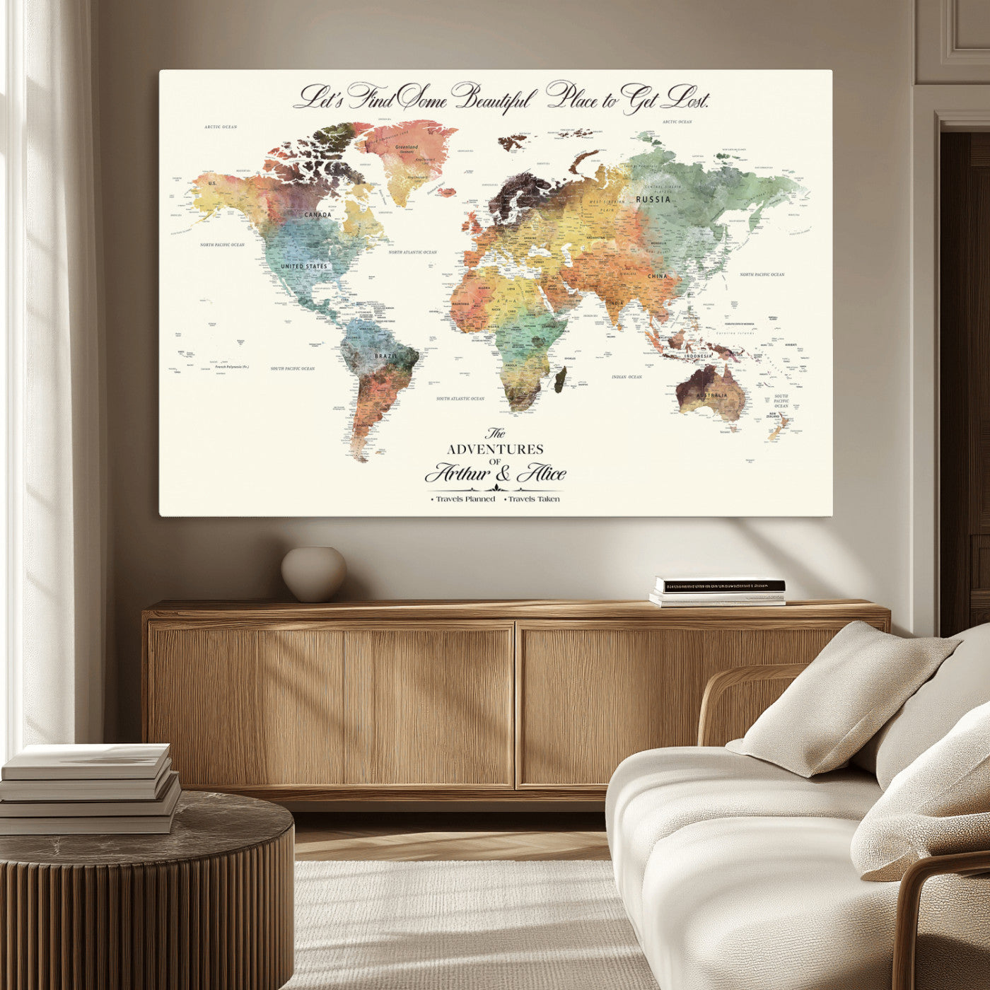 10311652-MGV-CV-36X24-Personalized World Map Wall Art - Watercolor Travel Map with Custom Names Minimalist Design for Couples&Families - Decor for Home,