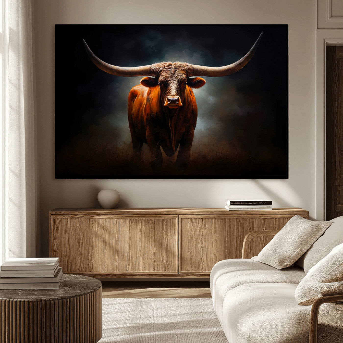 12484-MGV-CV-36X24-Texas Longhorn Wall Art Canvas Print, Framed Western Bull Art Picture Print, Moody Cattle Perfect Moody Western Decor Artwork