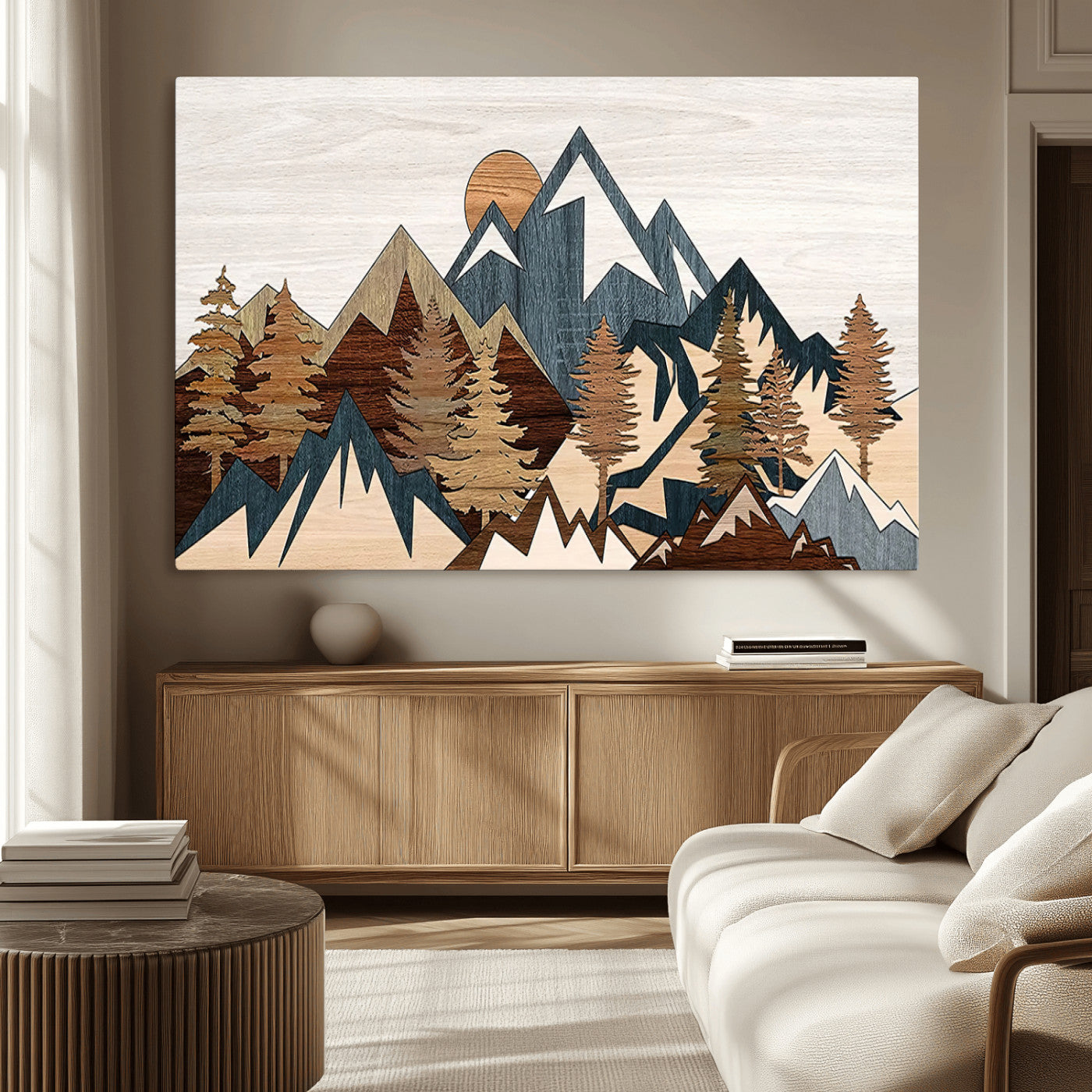 80300-MGV-CV-36X24-Geometric Mountains Wall Art Canvas Print, Framed Stylized Trees Art Picture Print, Graphic Forest Perfect Rustic Abstract Decor