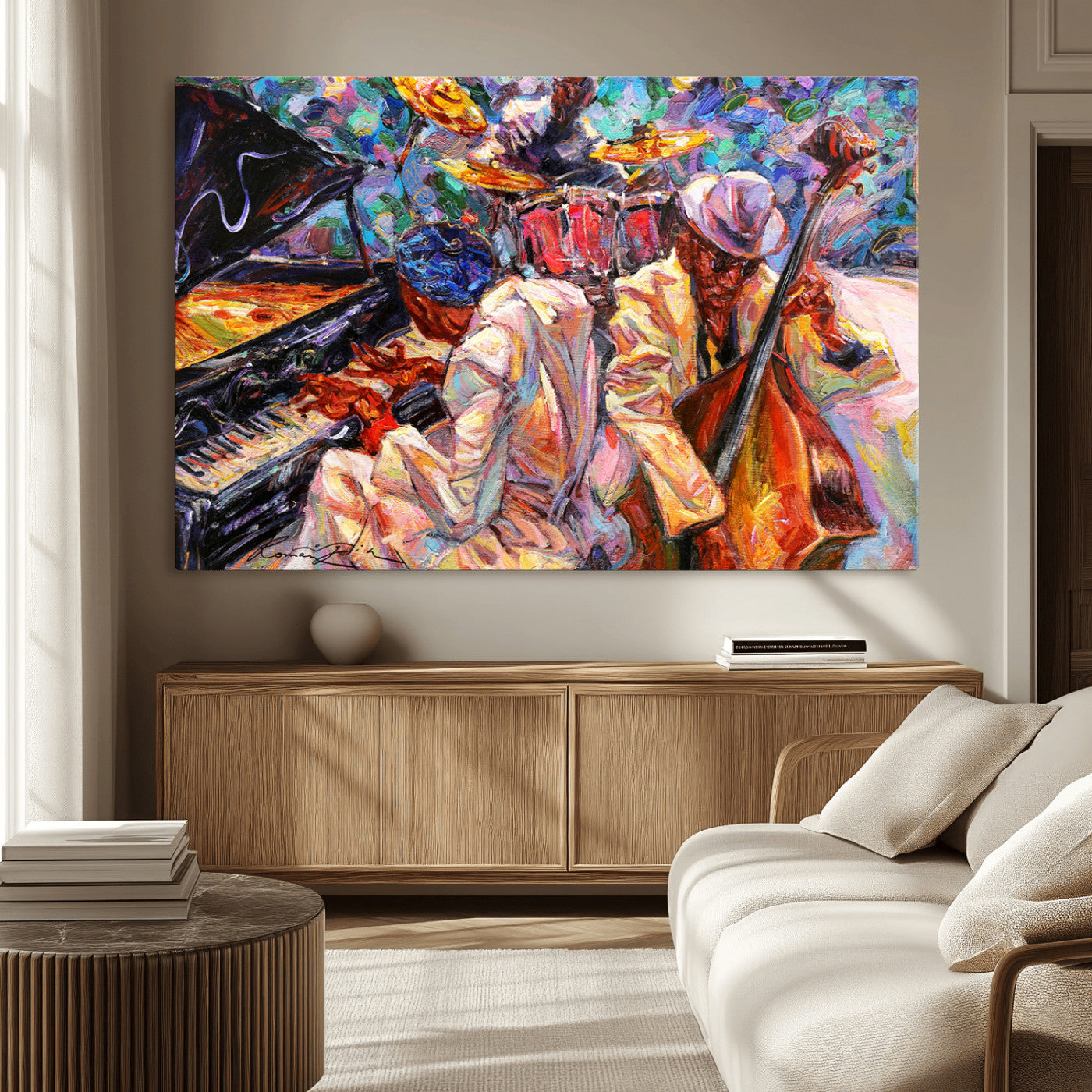 13675-MGV-CV-36X24-Jazz Band Wall Art Canvas Print, Framed Jazz Oil Painting Art Picture Print, Vibrant Music Perfect Abstract Musical Decor Artwork