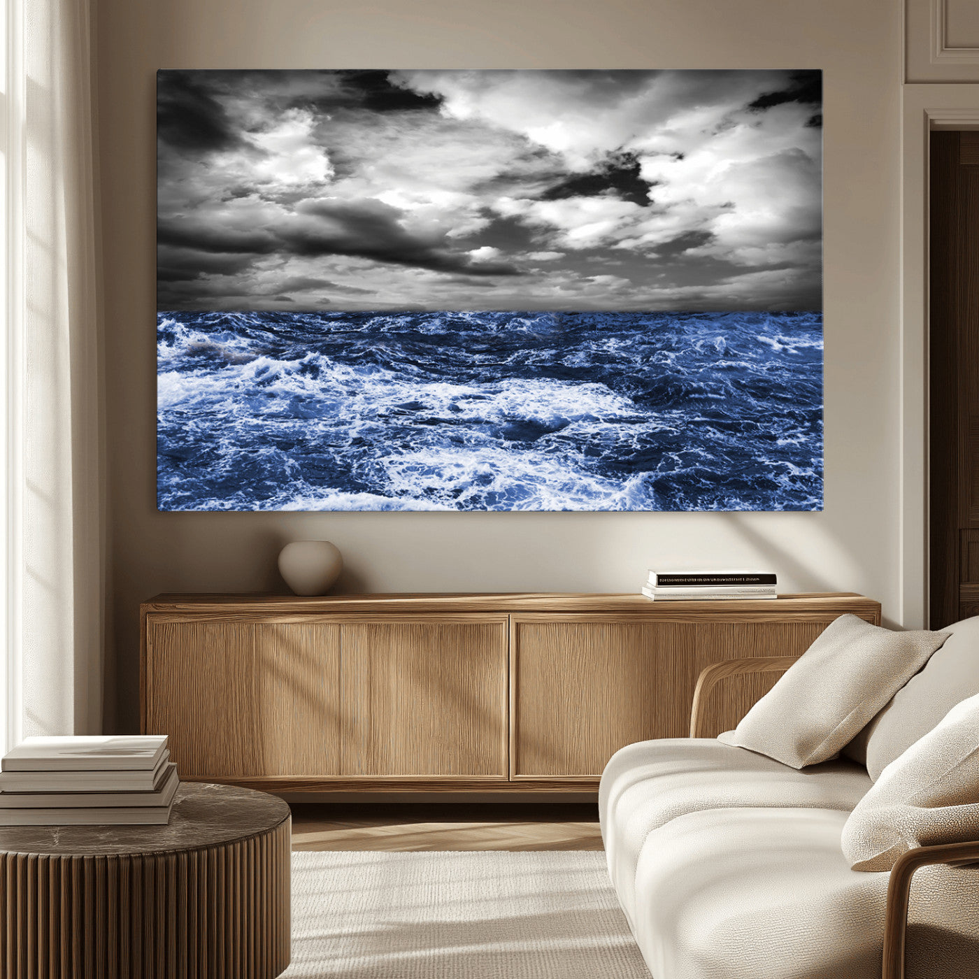 91043-MGV-CV-36X24-Stormy Ocean Wall Art Canvas Print, Framed Moody Seascape Art Picture Print, Monochrome Sea Perfect Coastal Drama Decor Artwork
