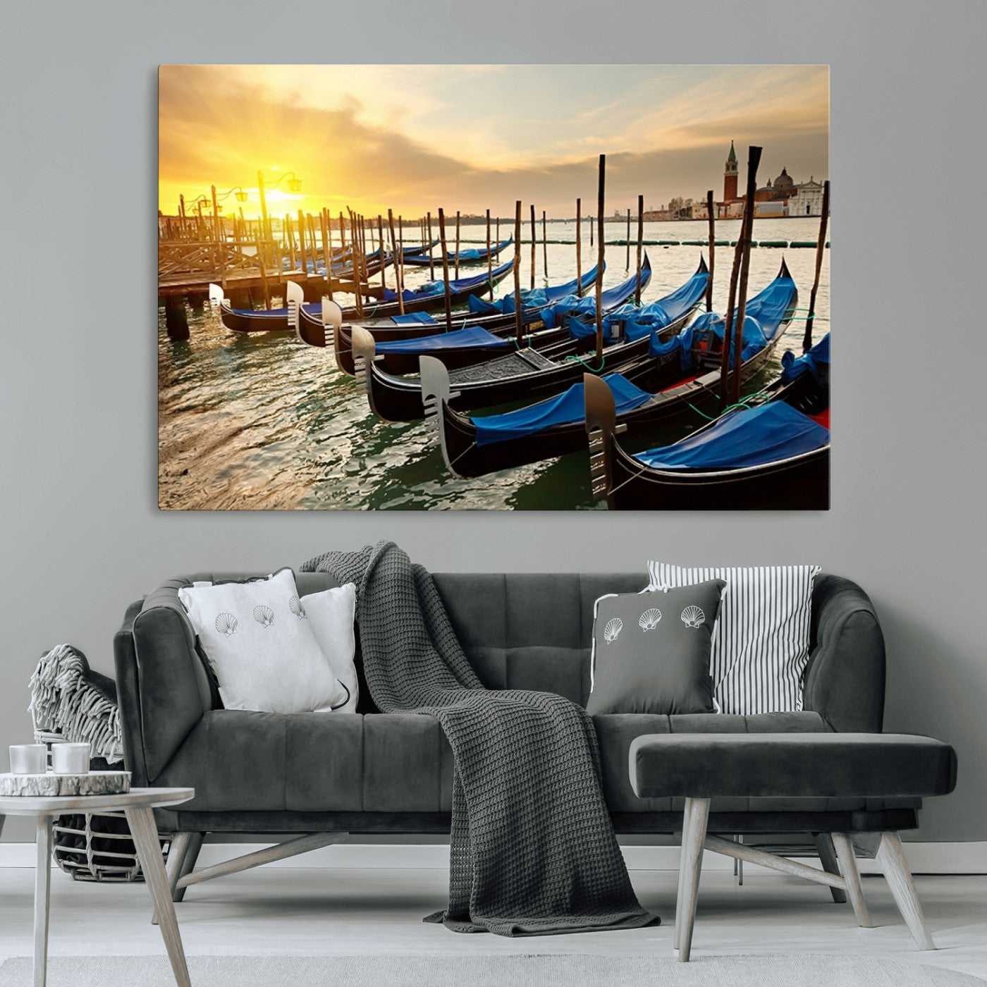 25872-MGV-CV-36X24-Venetian Gondola Dock Wall Art – Serene Sunset Canal Canvas Print, Tranquil Water Travel Decor for Office, Living Room, or Man
