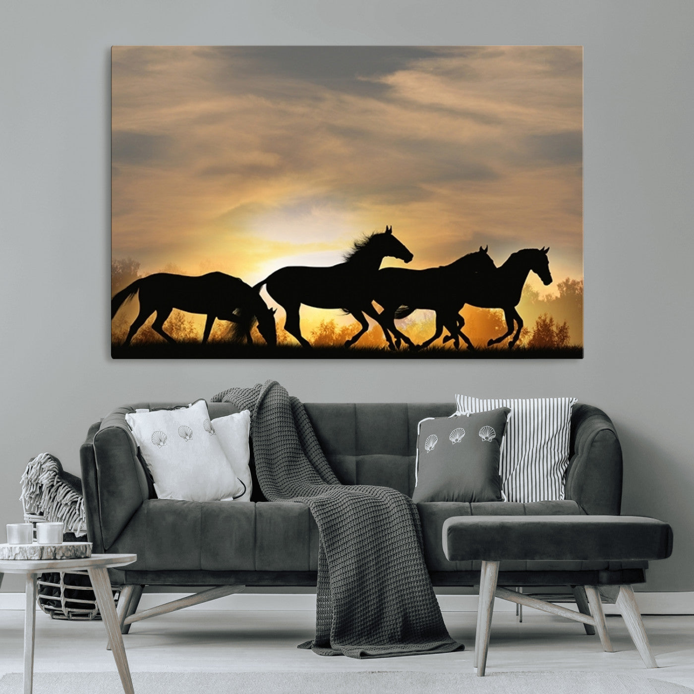 16620-MGV-CV-36X24-Sunset Stallions Wall Art – Silhouetted Horses Running Canvas Print, Nature’s Rhythm, Perfect for Living Room, Office, or Man Cave