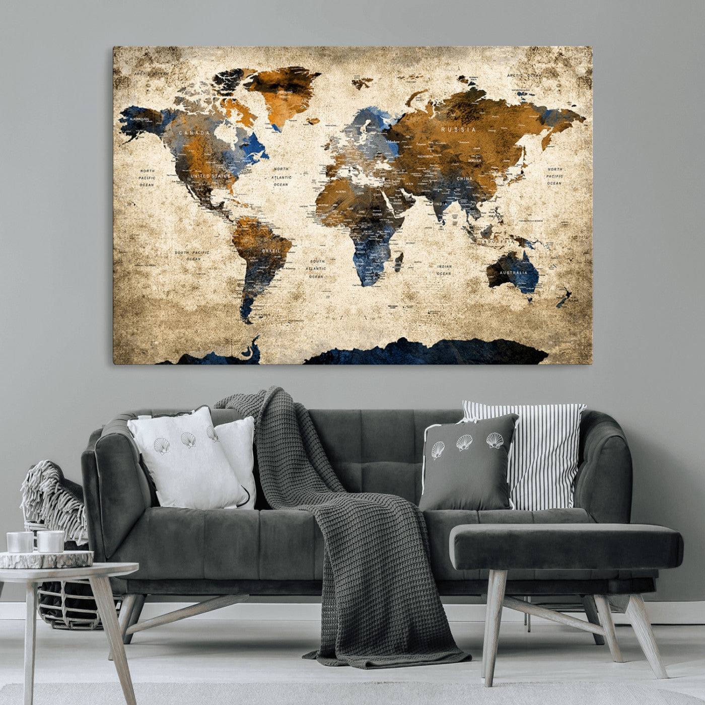 49876-MGV-CV-36X24-Vintage Blue and Brown World Map Canvas Wall Art – Rustic Travel Map Print, Large Framed Wall Decor for Living Room, Study, Home or Office