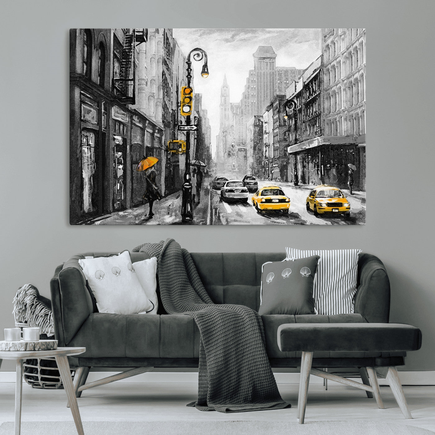 32362-MGV-CV-36X24-NYC Street Wall Art – Black and White Cityscape with Yellow Taxis and Umbrella Canvas Print, Urban Home Decor for Living Room or
