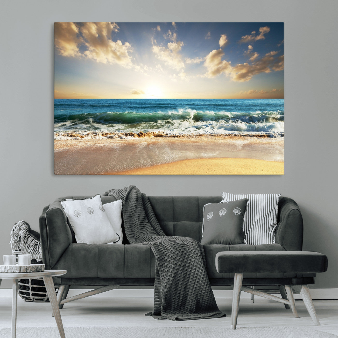 13139-MGV-CV-36X24-Sunrise Beach Wall Art – Ocean Waves and Golden Sand Canvas Print, Coastal Home Decor for Living Room, Bedroom, or Office