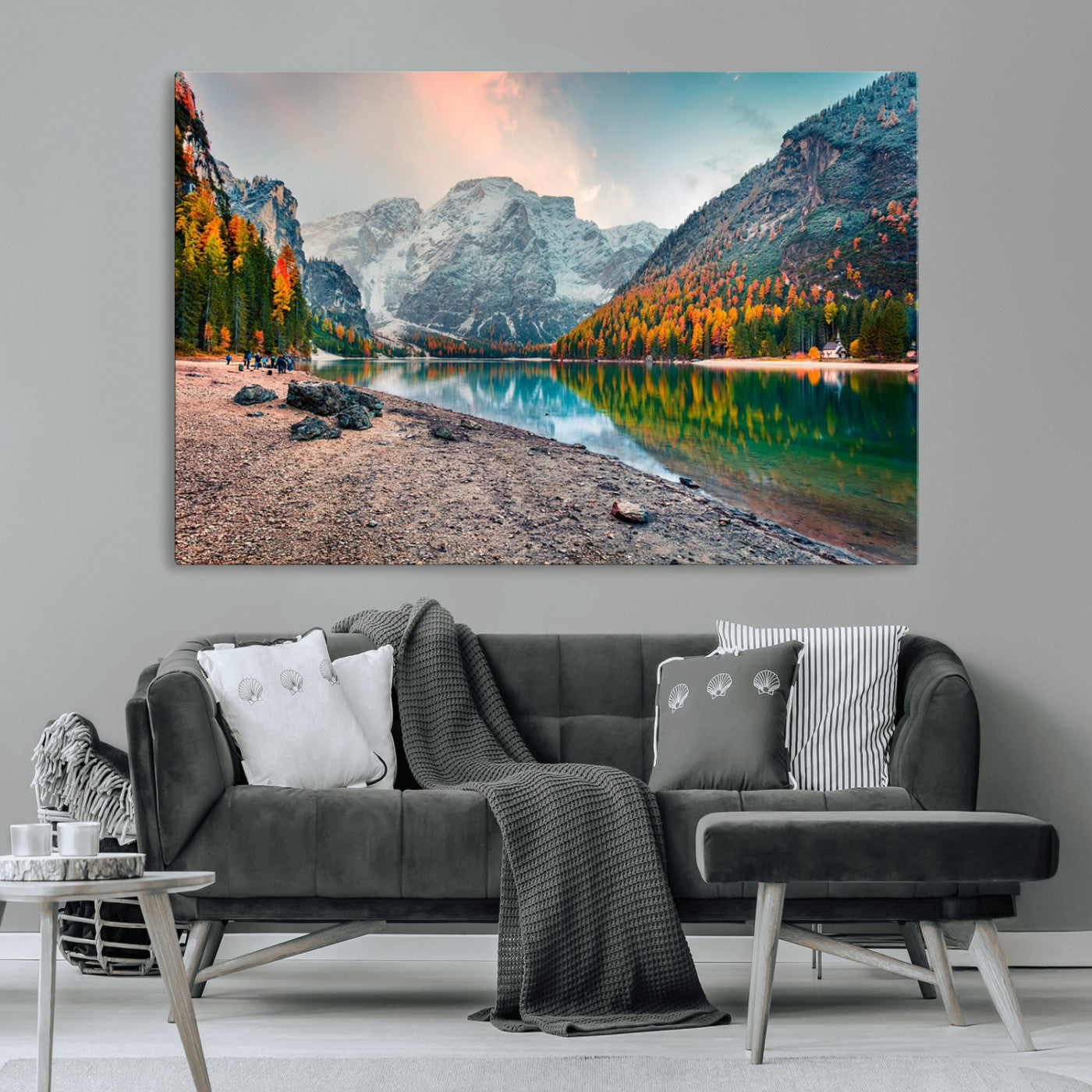 25982-MGV-CV-36X24-Autumn Mountain Lake Wall Art – Panoramic Fall Foliage and Snowy Peaks Canvas Print, Scenic Nature Decor for Living Room or Office