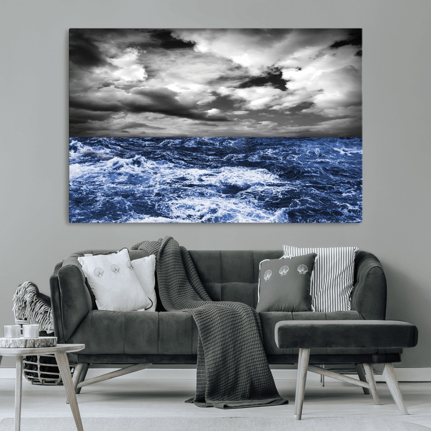 36012-MGV-CV-36X24-Dramatic Stormy Ocean Waves Black and White with Deep Blue Highlights – Moody Seascape Wall Art, Nature Photography Print for Home