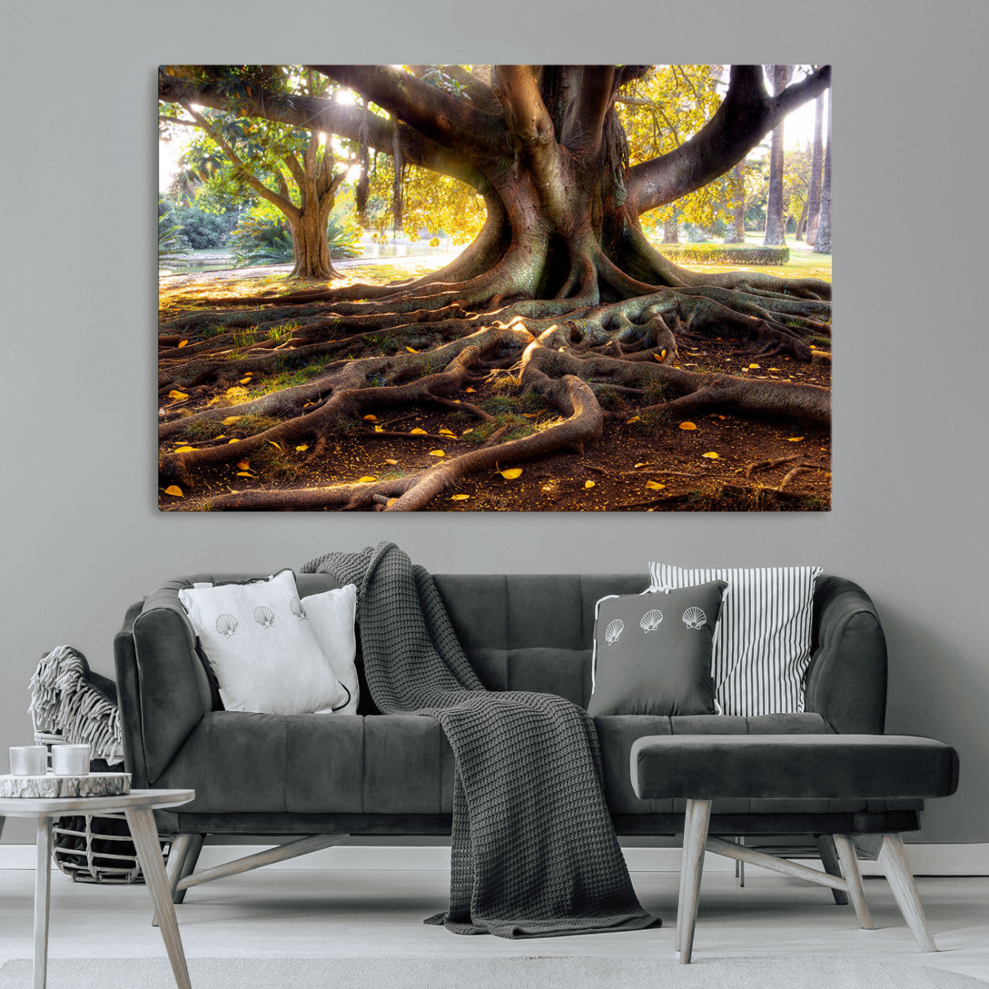 53335-MGV-CV-36X24-Majestic Tree with Sprawling Roots Wall Art – Serene Sunlit Park Scene, Nature Canvas Print, Perfect for Living Room, Office or