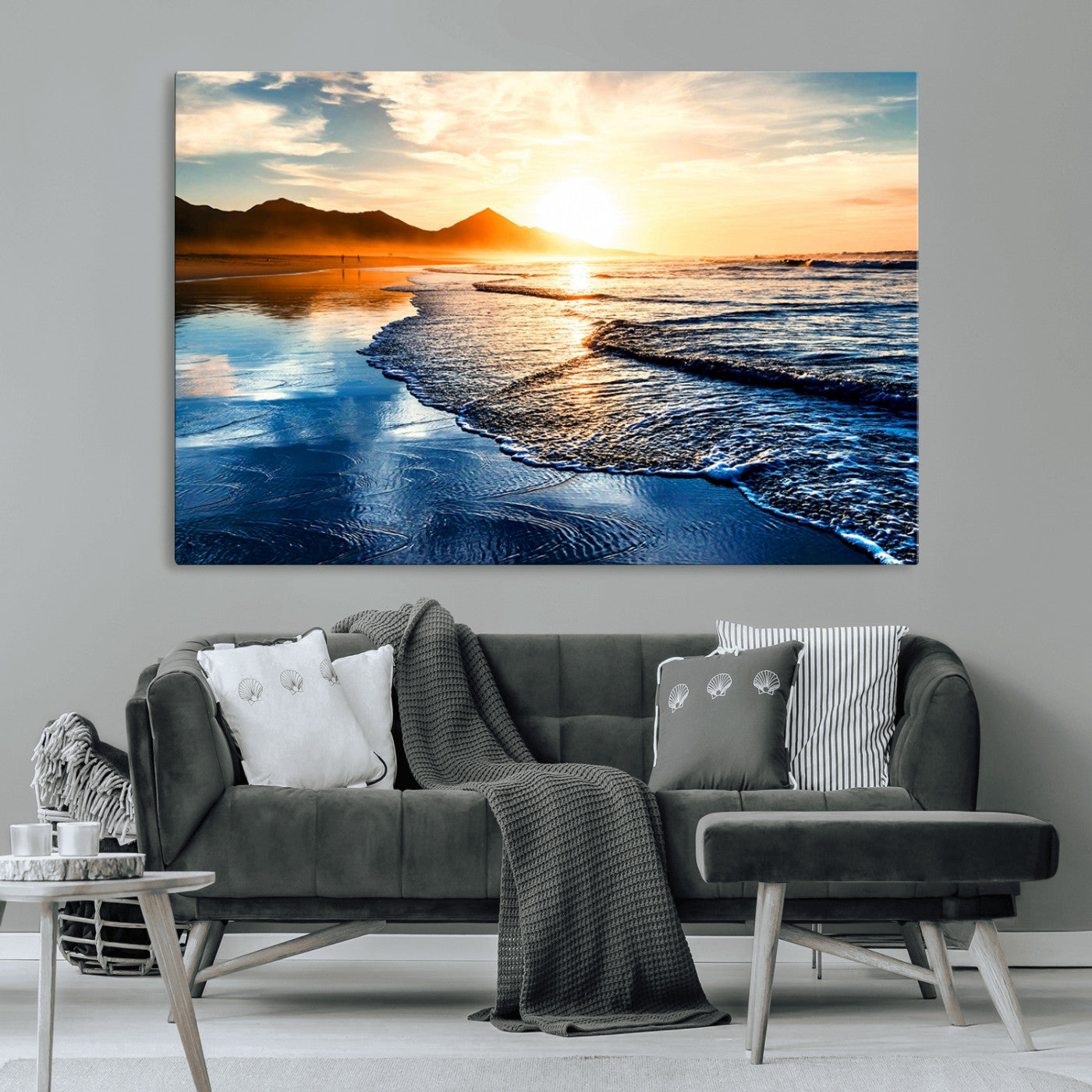 86173-MGV-CV-36X24-Golden Sunset Beach Wall Art – Reflective Ocean Canvas Print with Mountains and Waves, Coastal Nature Decor for Living Room,