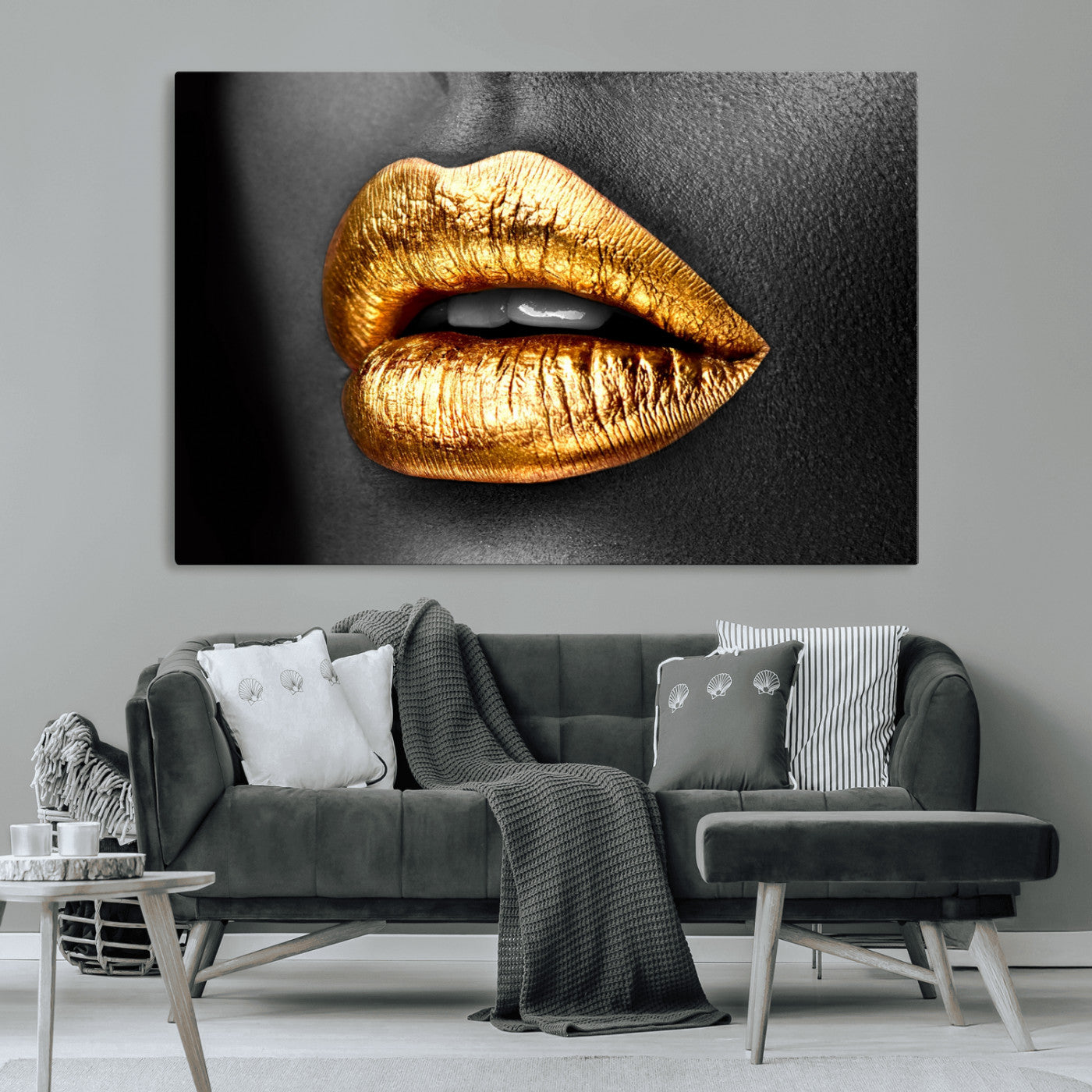 84747-MGV-CV-36X24-Golden Lips Black & White Portrait – Glamorous Metallic Lip Art Print, Modern Wall Decor for Bedroom, Beauty & Fashion Lover Gift