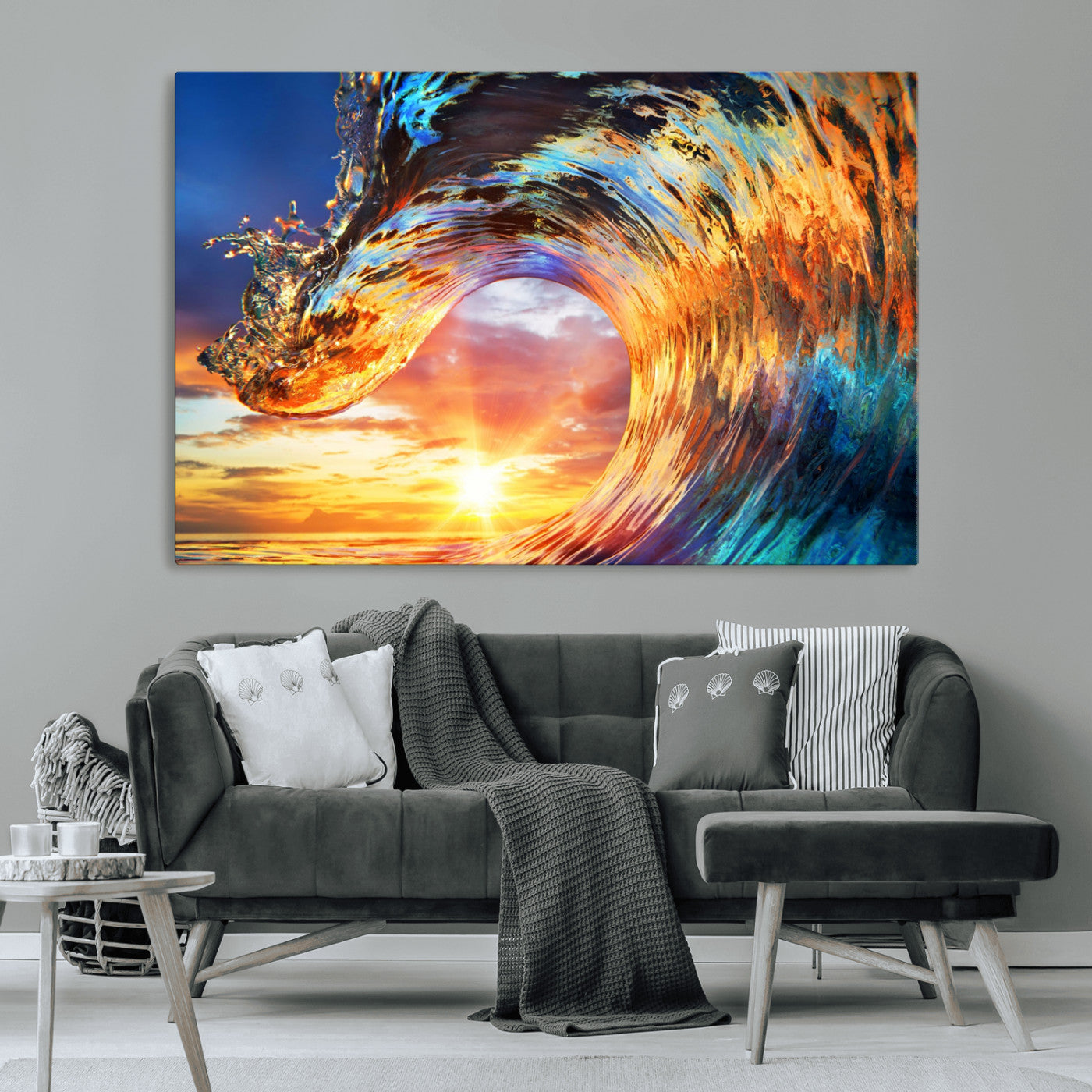 52890-MGV-CV-36X24-Surfing Wave Wall Art Canvas Print, Framed Sunset Ocean Art Picture Print, Ocean Wave Perfect Nautical Decor Artwork