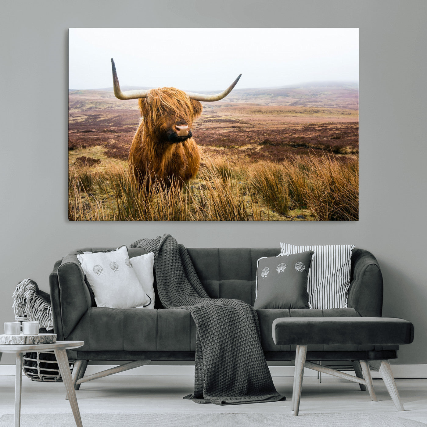 79391-MGV-CV-36X24-Majestic Highland Cow in Misty Scottish Moorland – Rustic Natural Charm, Perfect for Unique Home or Office Decor