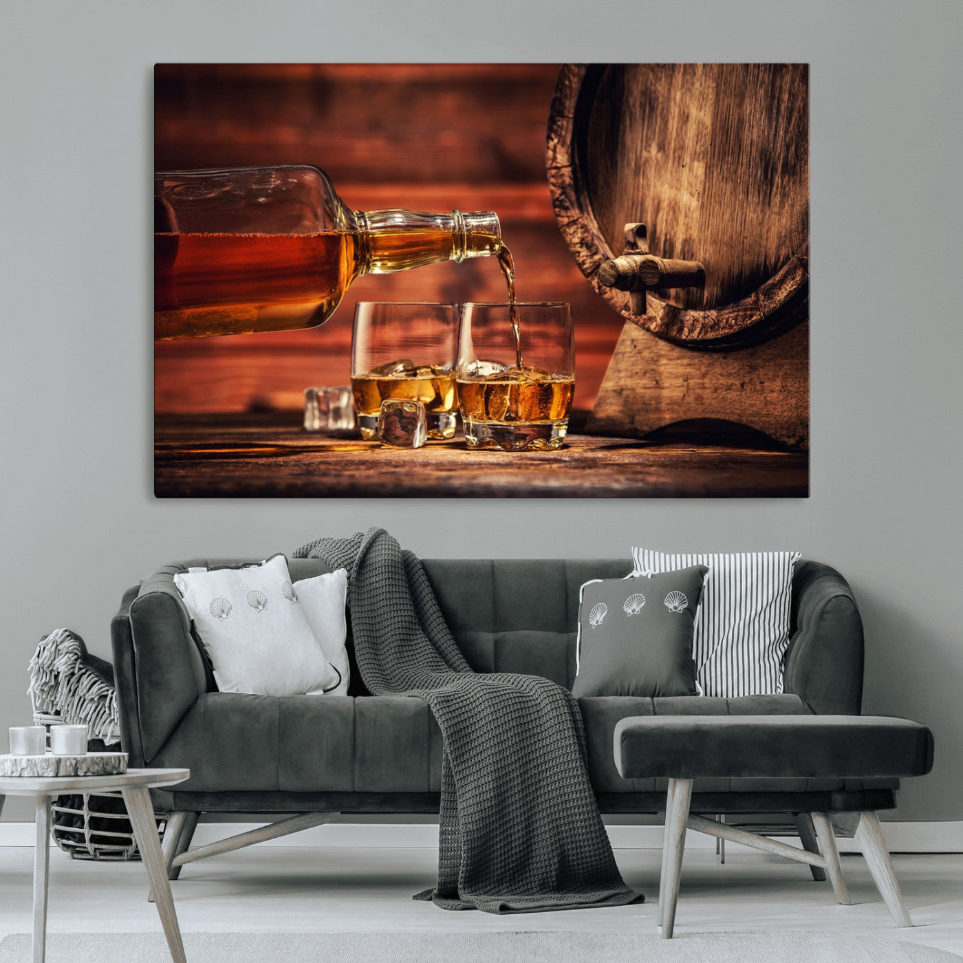 21266-MGV-CV-36X24-Pouring Whiskey into Glasses with Ice – Rustic Wooden Barrel Background, Warm Ambient Lighting, Ideal Decor for Home or Office
