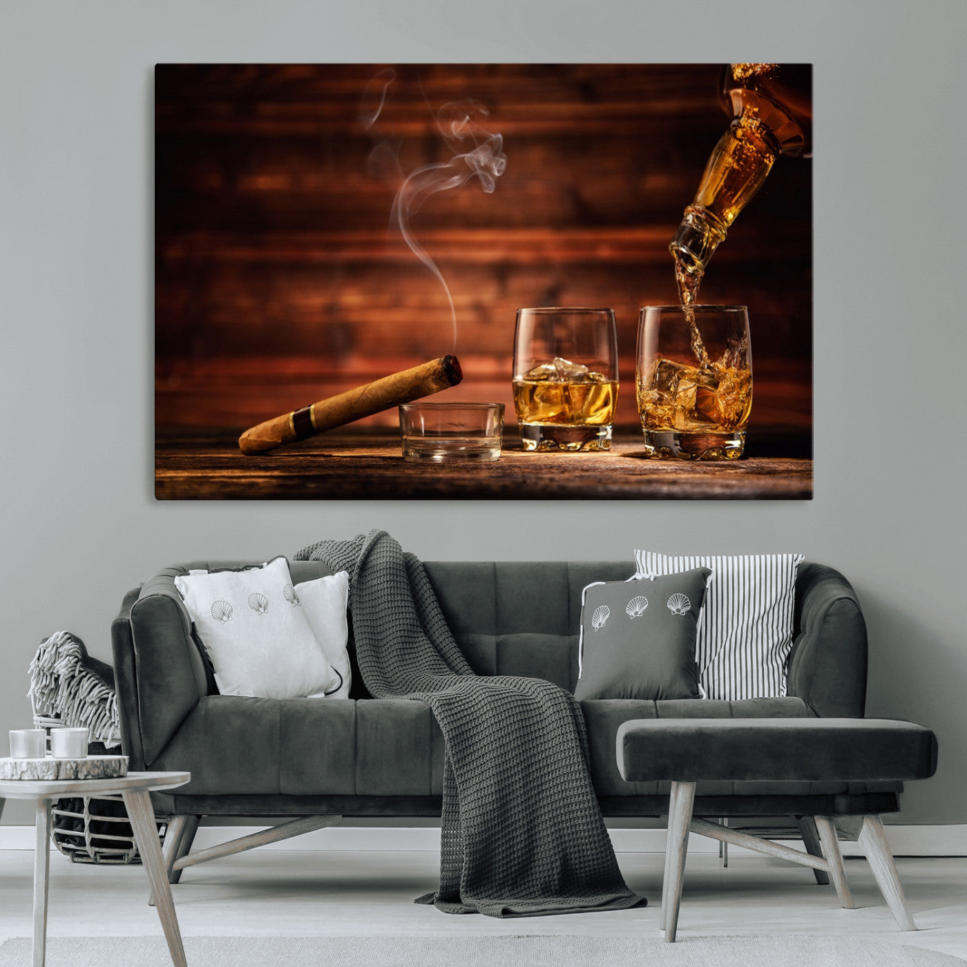 41139-MGV-CV-36X24-Whiskey and Cigar Still Life – Glasses with Ice and Pouring Amber Drink on Wooden Table with Smoke, Elegant Bar or Lounge Wall