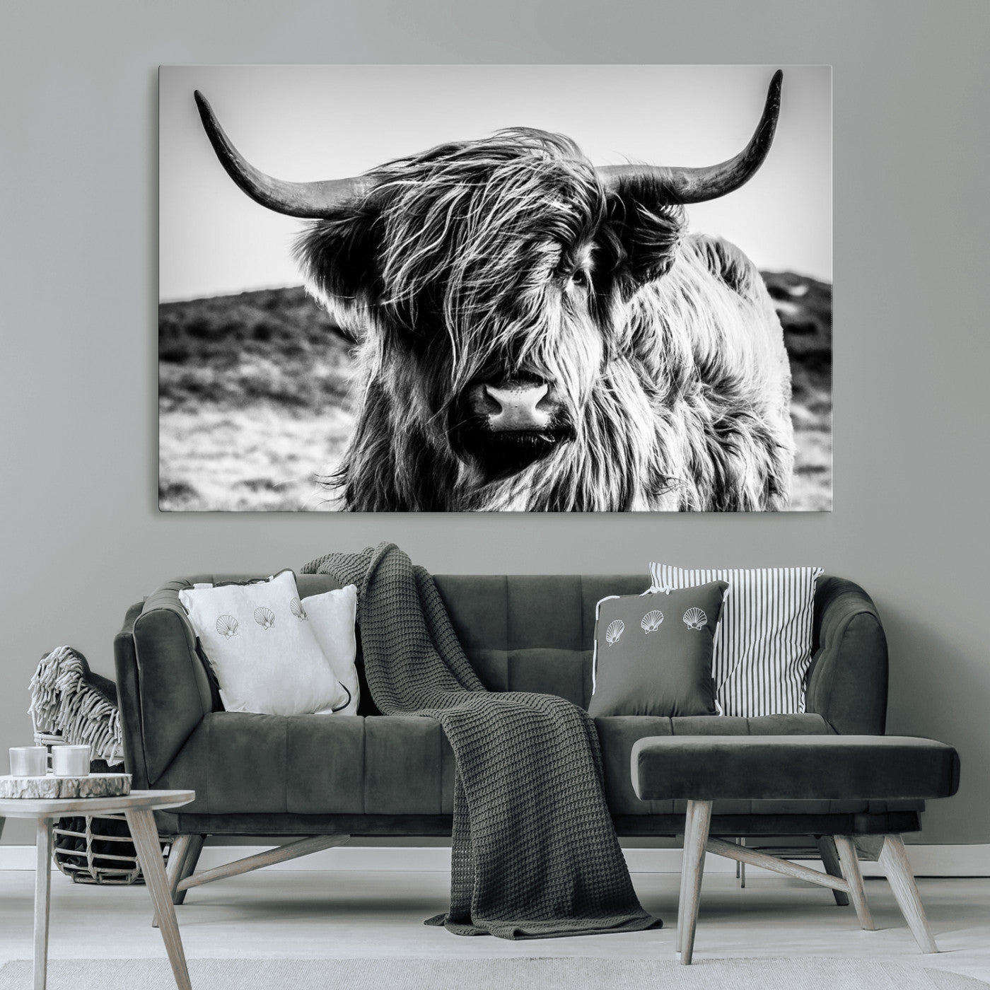 36979-MGV-CV-36X24-Striking black-and-white portrait of a Highland cow with flowing fur and majestic horns, perfect for rustic and elegant home or