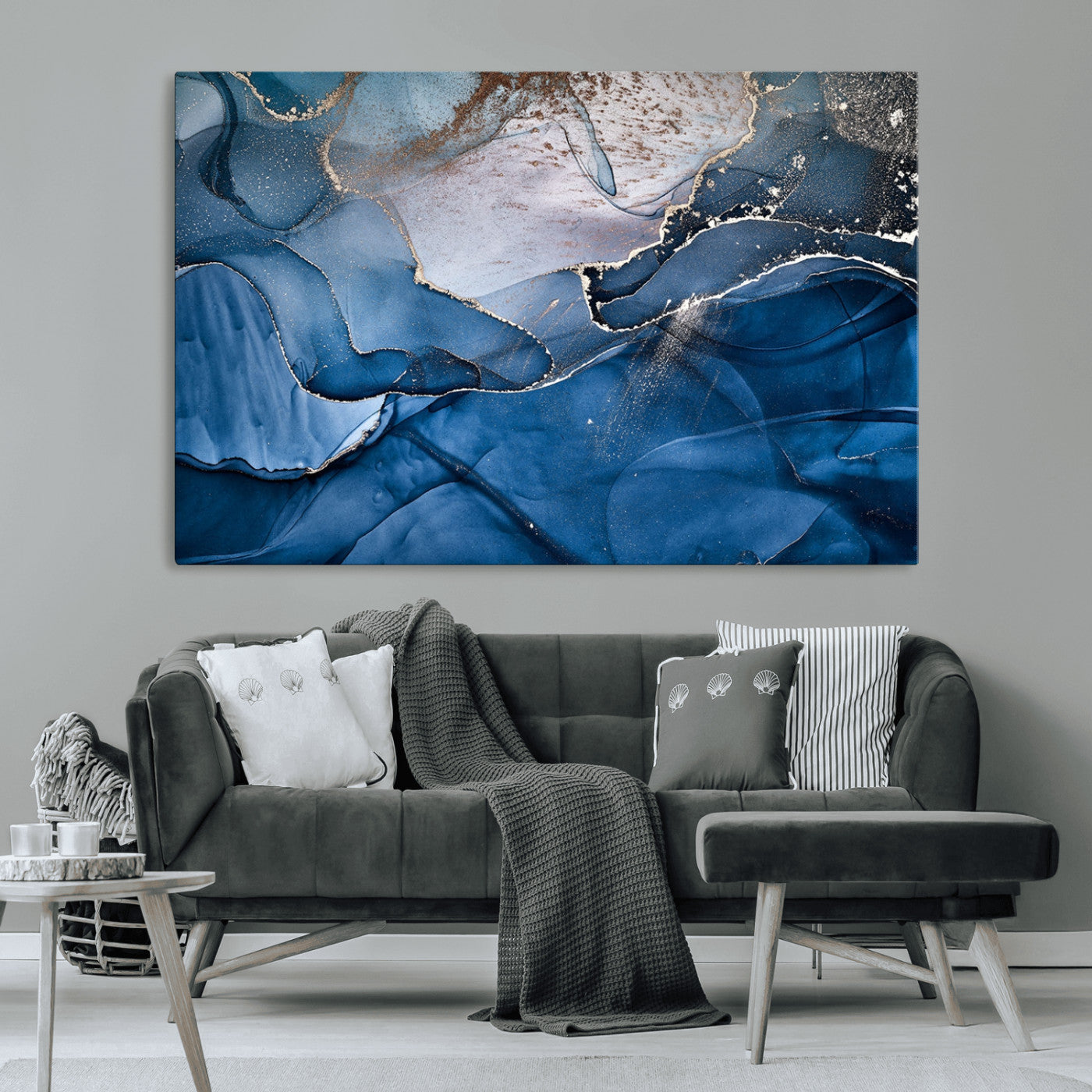 27810-MGV-CV-36X24-Abstract Blue Gold Fluid Art Wall – Modern Canvas Print, Elegant Home & Office Wall Art, Stylish Living Room or Bedroom Decor