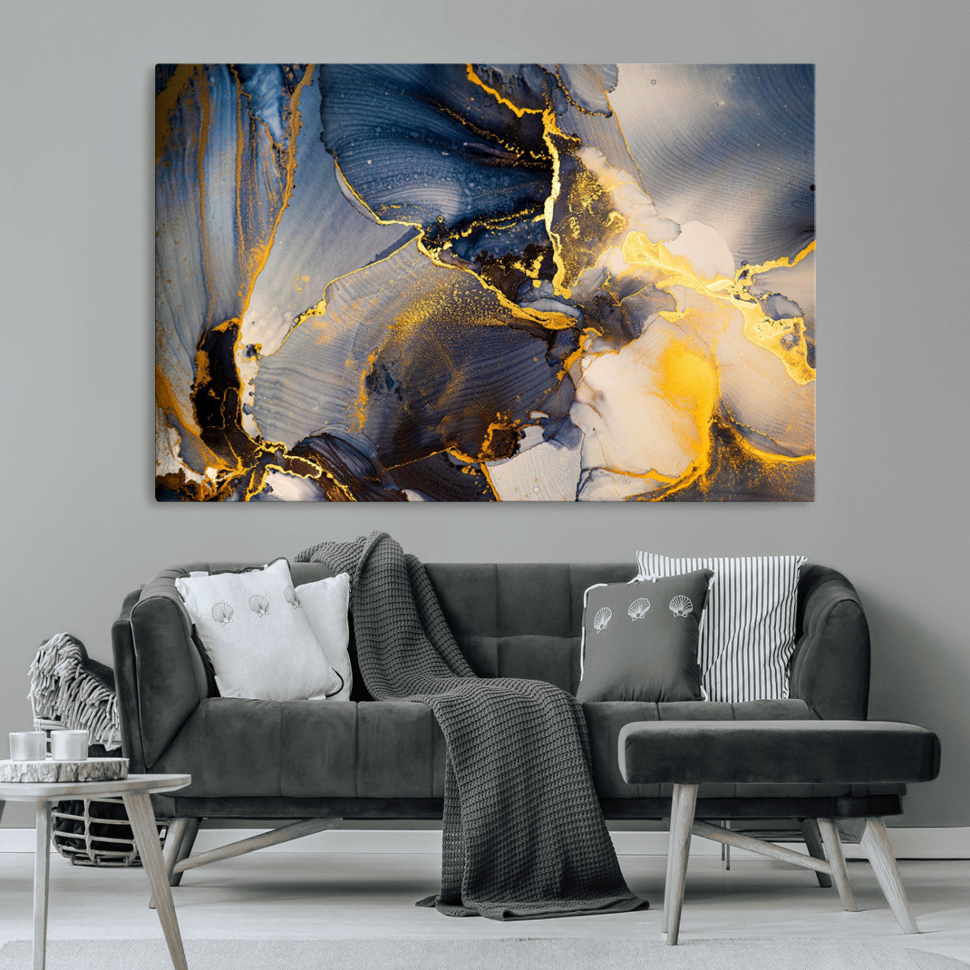 42100-MGV-CV-36X24-Golden Flow Abstract Wall Art – Panoramic Modern Blue and Gold Canvas Print, Contemporary Artistic Decor for Home, Office