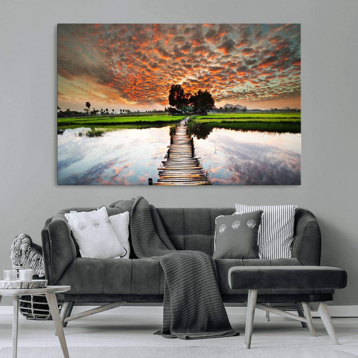 29105-MGV-CV-36X24-Rustic Wooden Bridge Wall Art – Scenic Sunset Over Rice Fields and Reflective Water Canvas Print, Nature Landscape Decor for
