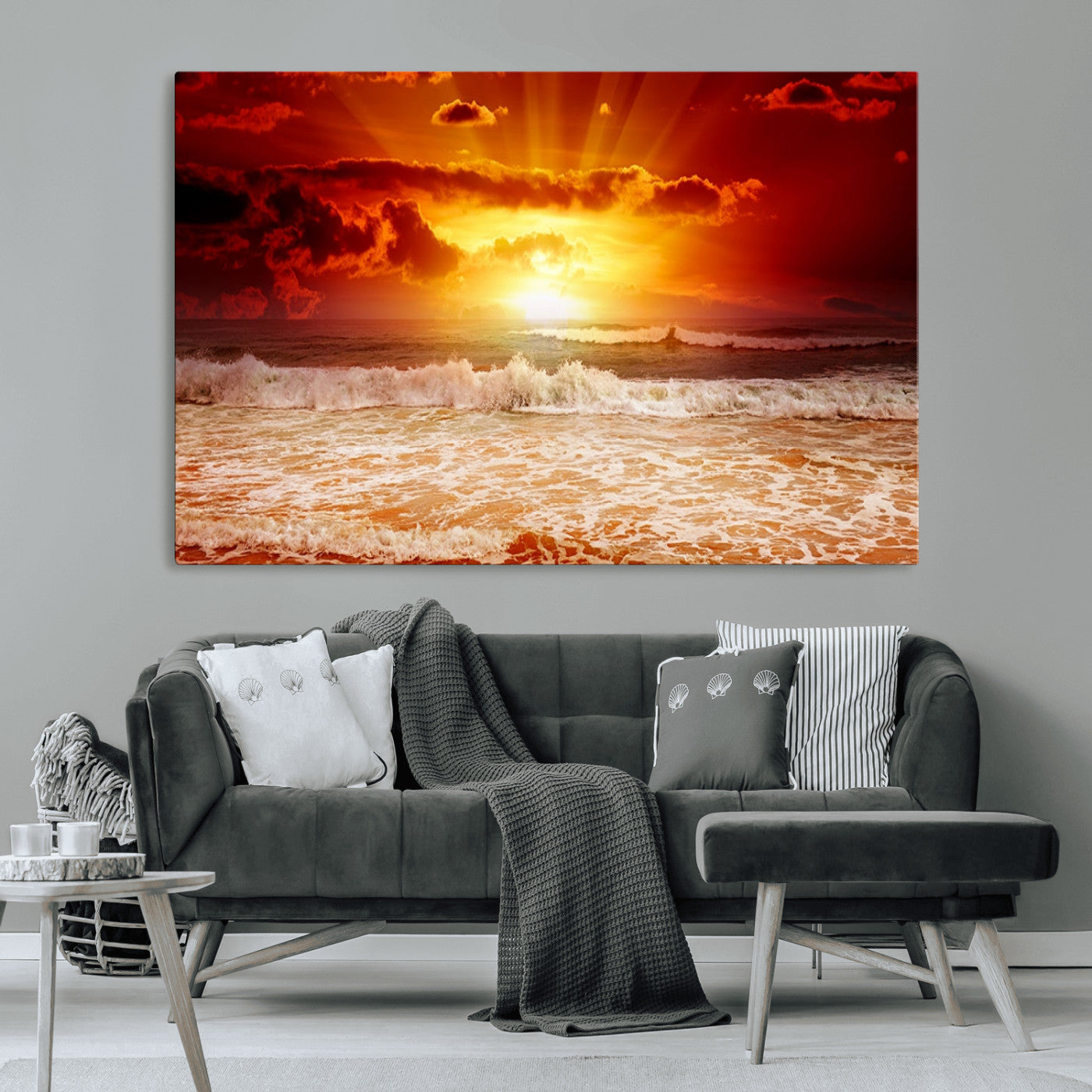 60211-MGV-CV-36X24-Fiery Sunset Ocean Wall Art – Red Sky Seascape Canvas Print with Waves, Bold Coastal Sunset Decor for Living Room or Bedroom