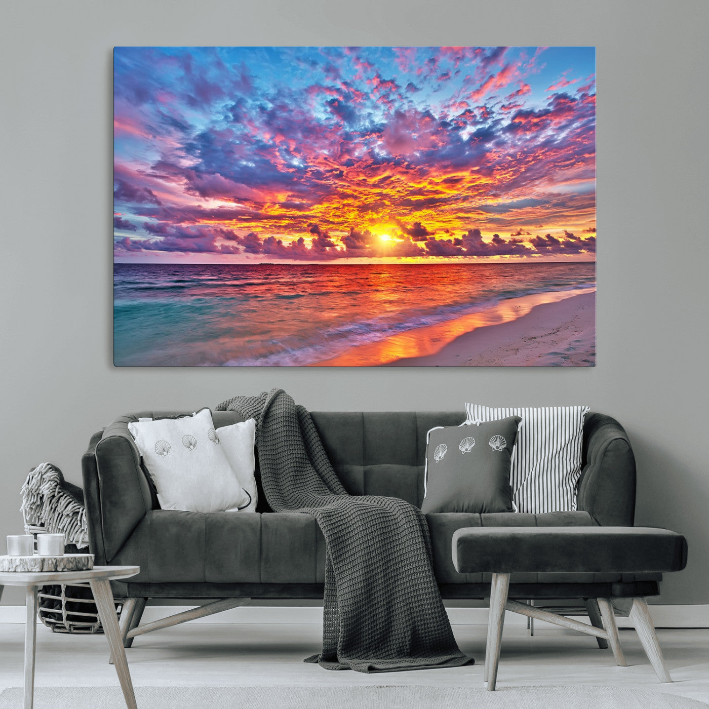 72836-MGV-CV-36X24-Fiery Sunset Beach Wall Art – Panoramic Vibrant Ocean Canvas Print, Dramatic Coastal Decor for Living Room, Bedroom or Office