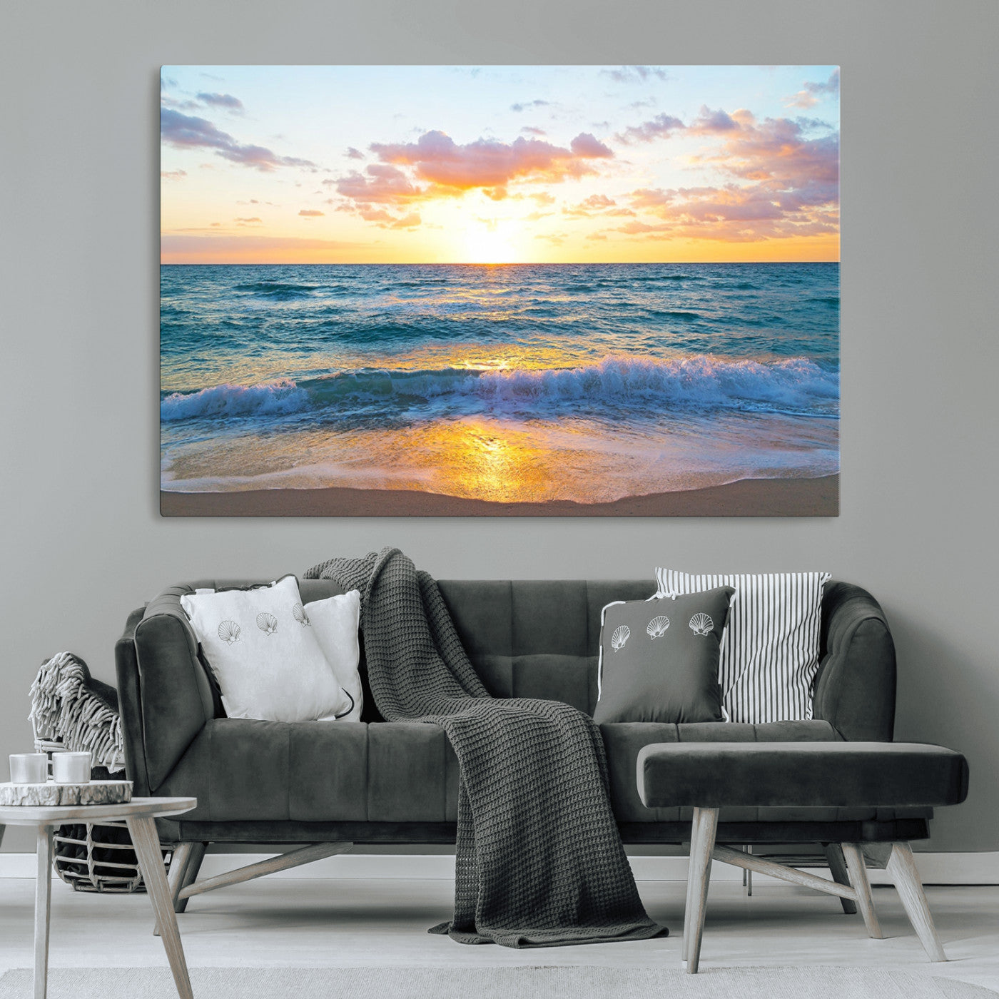 78006-MGV-CV-36X24-Golden Sunrise Ocean Wall Art – Panoramic Beach Waves Canvas Print, Coastal Seascape Artwork for Living Room, Bedroom, Office, or