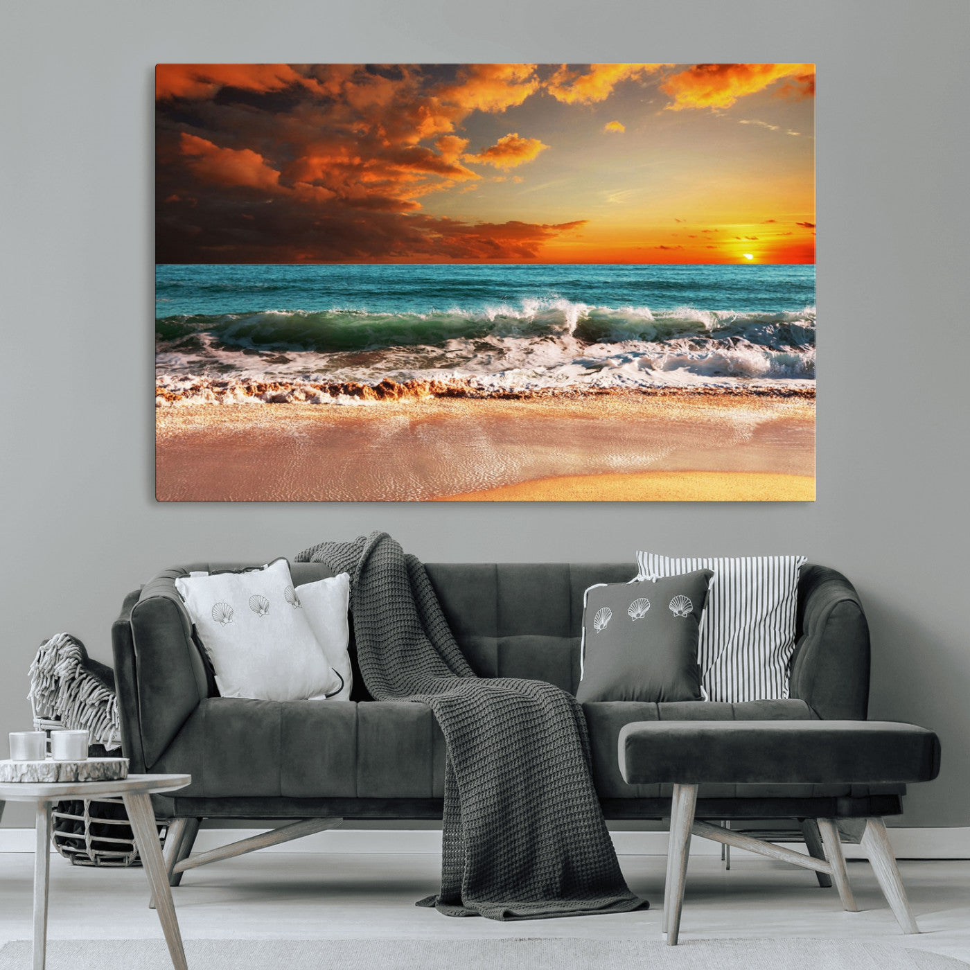 72948-MGV-CV-36X24-Ocean Sunset Wave Wall Art – Dramatic Seascape Canvas Print with Golden Sky and Crashing Waves, Coastal Beach Decor for Living