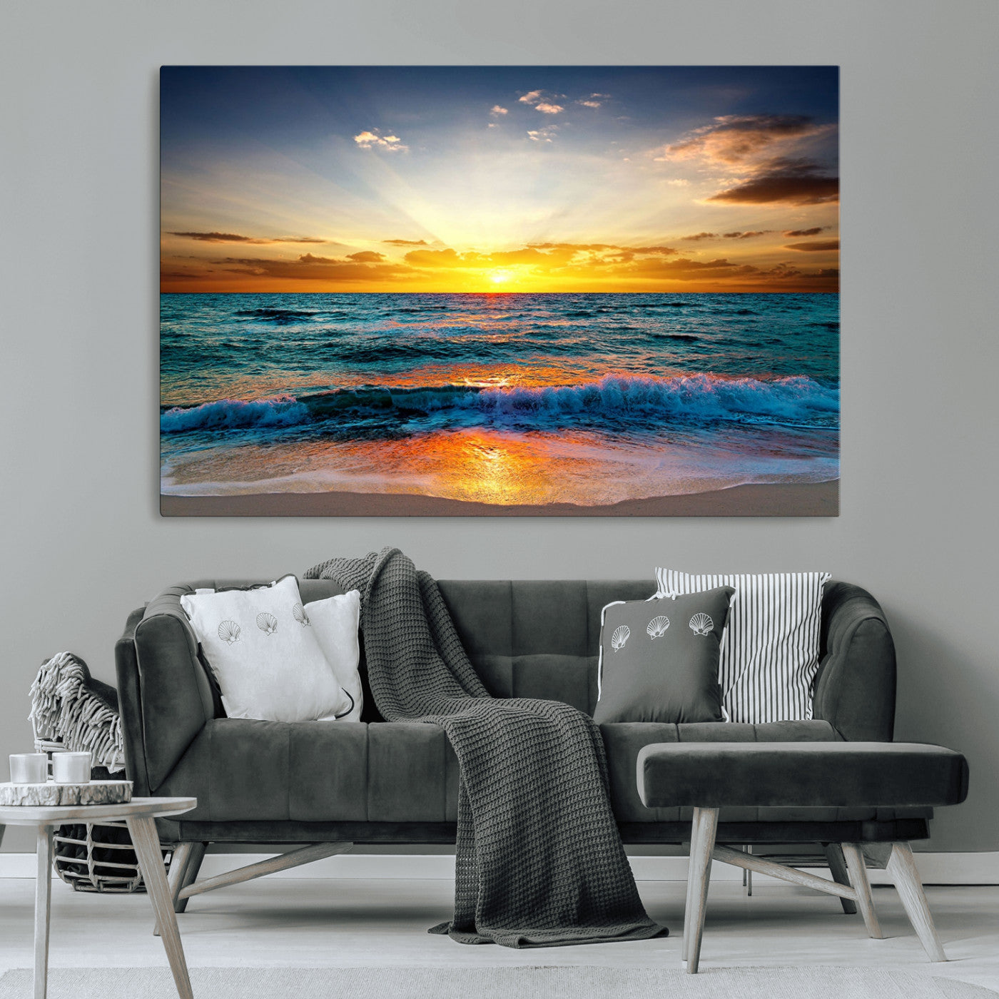 50627-MGV-CV-36X24-Ocean Sunset Wall Art – Serene Beach Canvas Print with Waves and Golden Sky, Coastal Decor for Living Room or Office