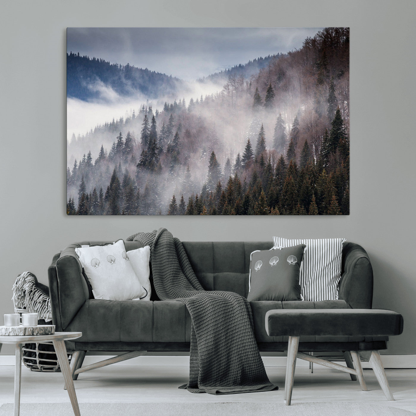 18459-MGV-CV-36X24-Misty Pine Forest Wall Art – Serene Mountain Landscape Canvas Print, Tranquil Nature Artwork for Living Room, Bedroom, Cabin or