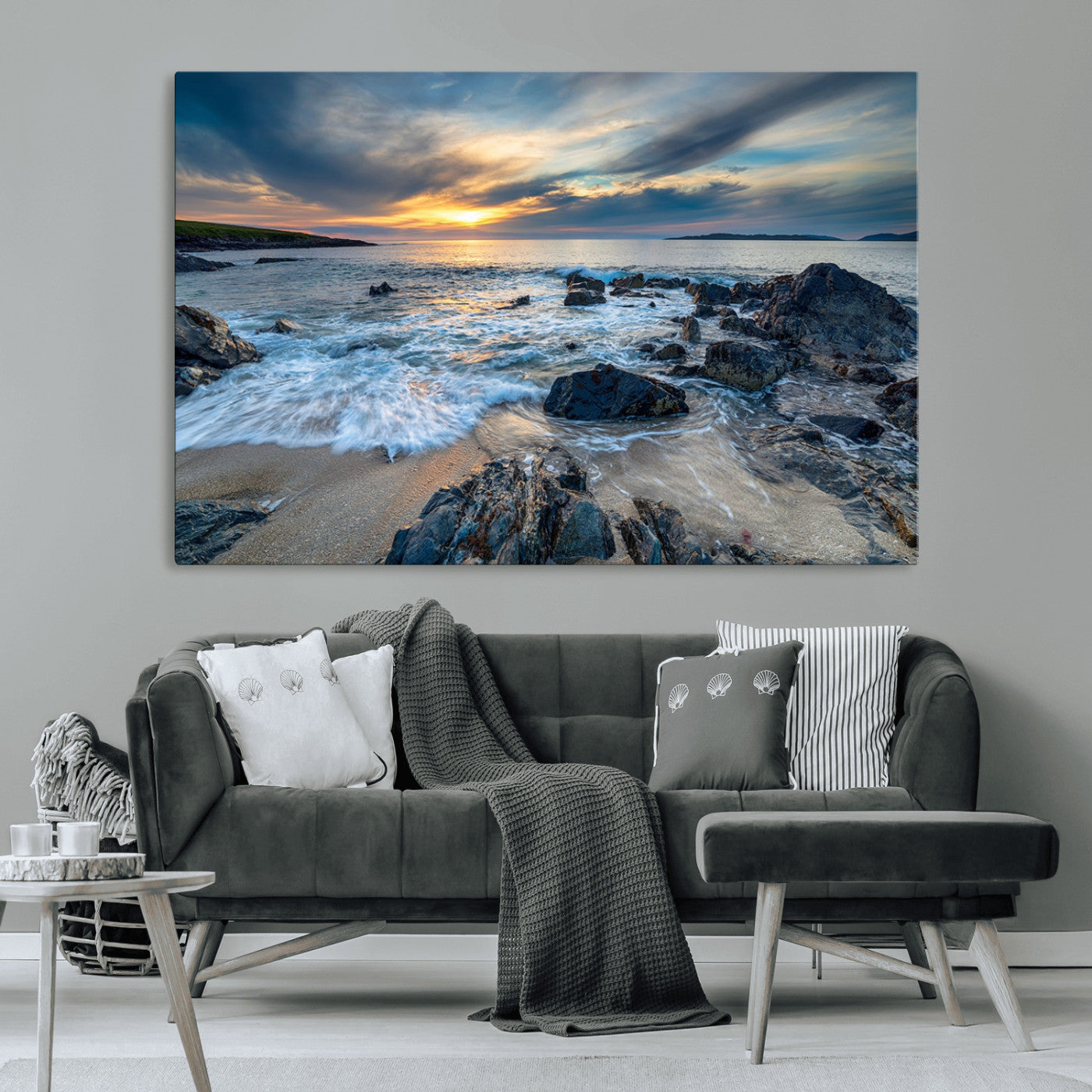 17902-MGV-CV-36X24-Rocky Shore Ocean Sunset Wall Art – Coastal Seascape Canvas Print, Nature Beach Decor for Living Room or Office