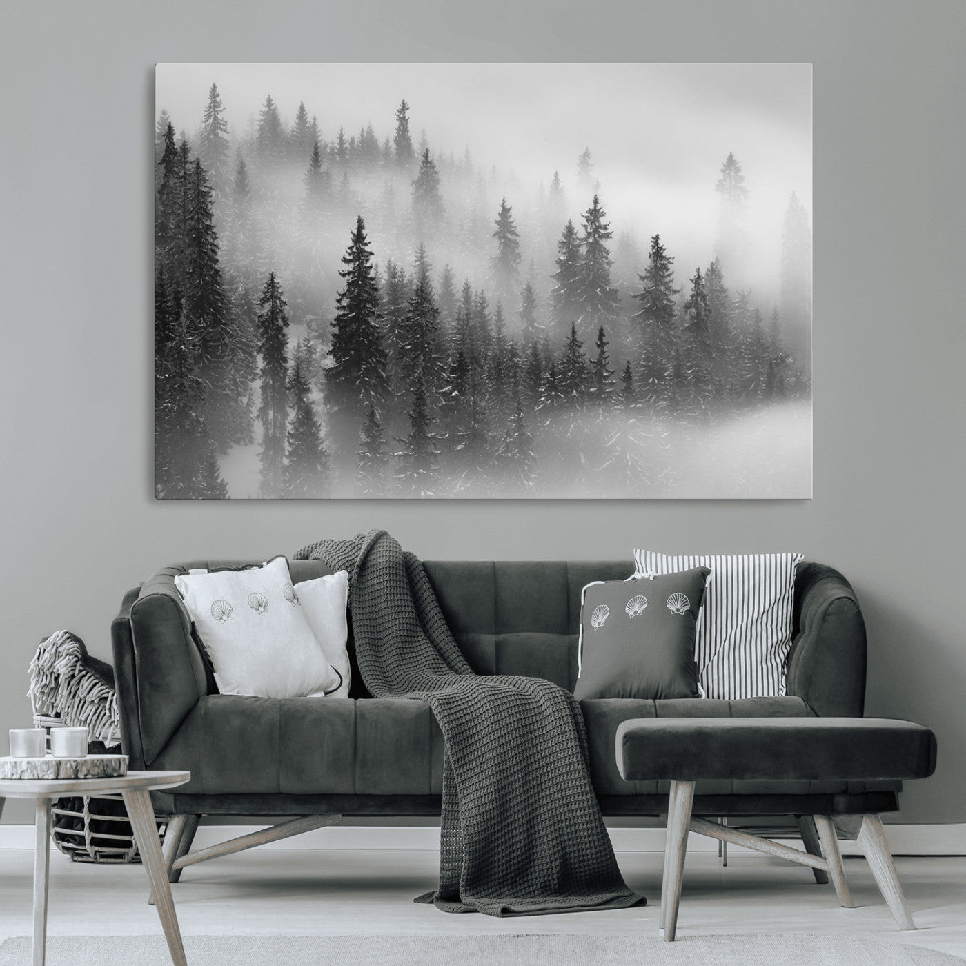 57235-MGV-CV-36X24-Misty Pine Forest Wall Art – Black and White Mountain Landscape Canvas Print, Nature Woodland Decor for Living Room, Bedroom or