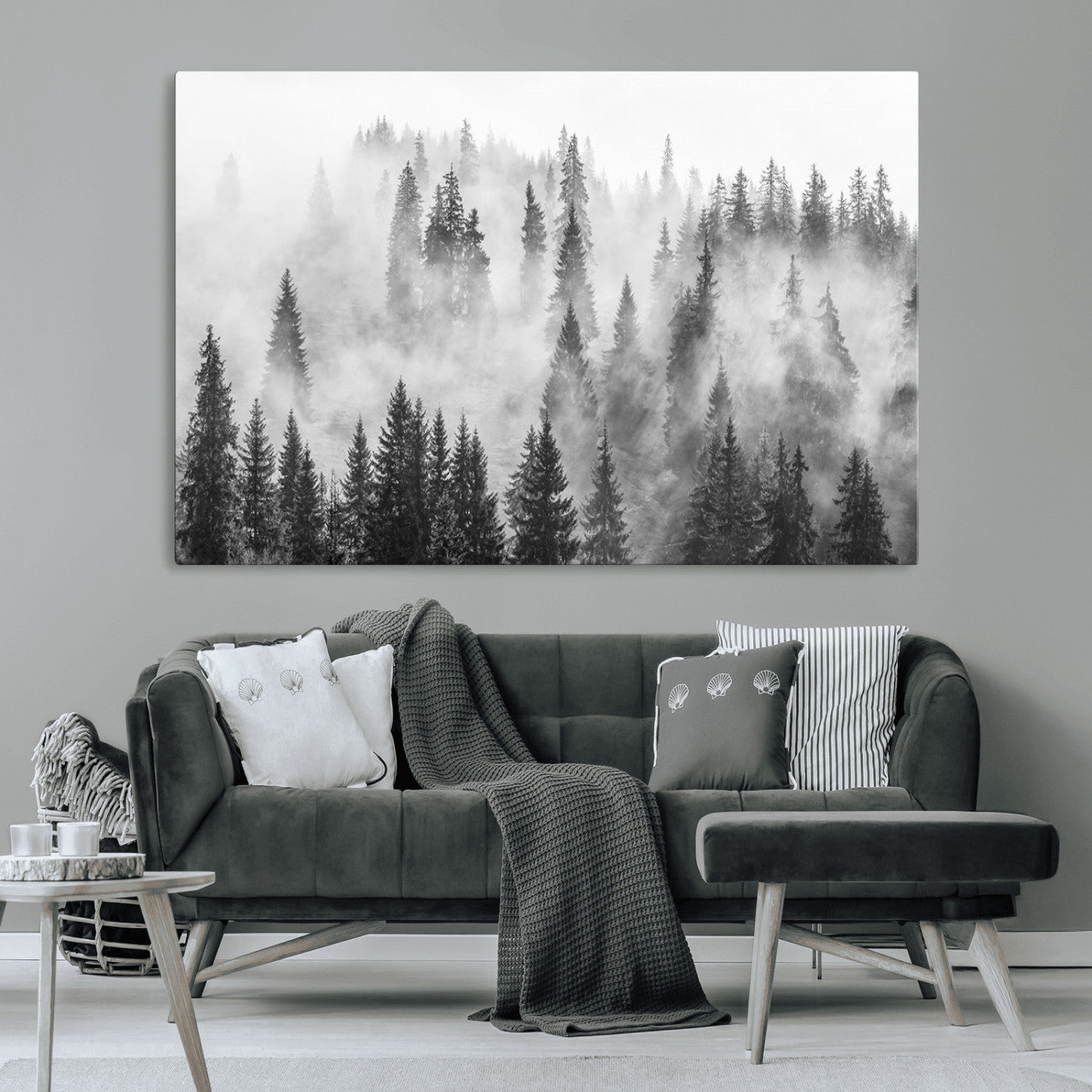 10422-MGV-CV-36X24-Misty Pine Forest Wall Art – Black and White Foggy Landscape Canvas Print, Serene Nature Woodland Decor for Bedroom, Office or