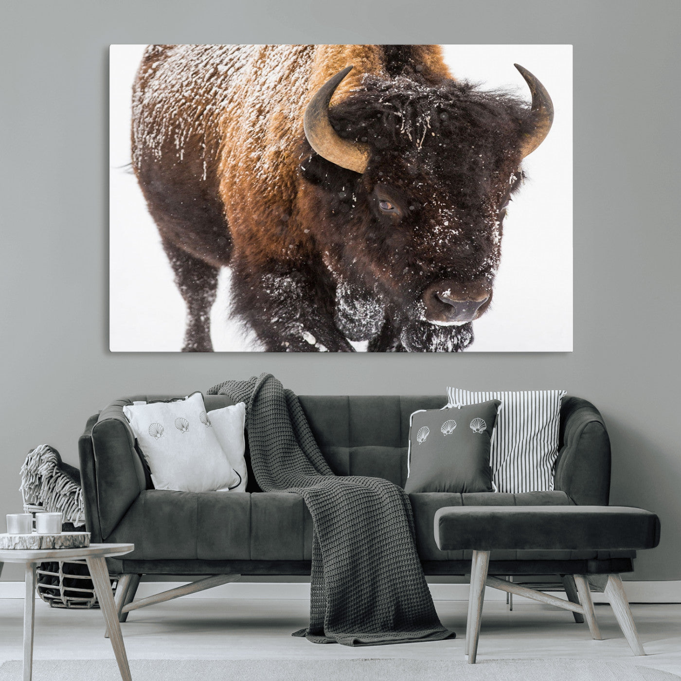 65605-MGV-CV-36X24-Snow Bison Wall Art – Close Up Buffalo Canvas Print, Rustic Western Wildlife Photography, Farmhouse Cabin Lodge Decor for Living