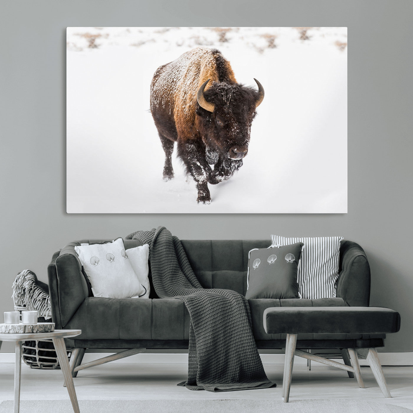 19889-MGV-CV-36X24-Snow Bison Wall Art – Majestic Buffalo Winter Landscape Canvas Print, Rustic Wildlife Photography Decor for Cabin, Lodge, Living