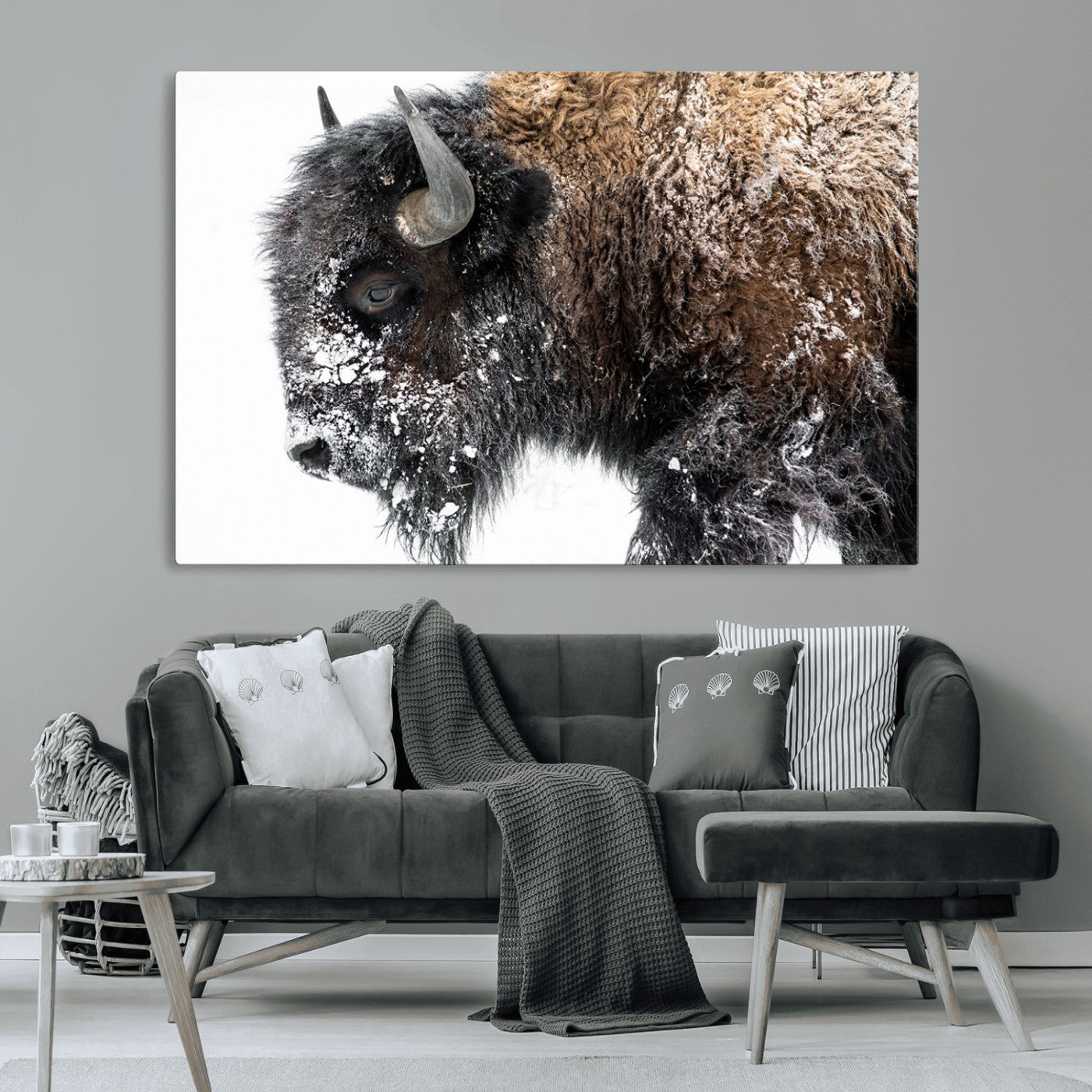 24304-MGV-CV-36X24-Bison Wall Art Canvas Print, Framed Winter Bison Art Picture Print, Snowy Buffalo Perfect Rustic Farmhouse Decor Artwork