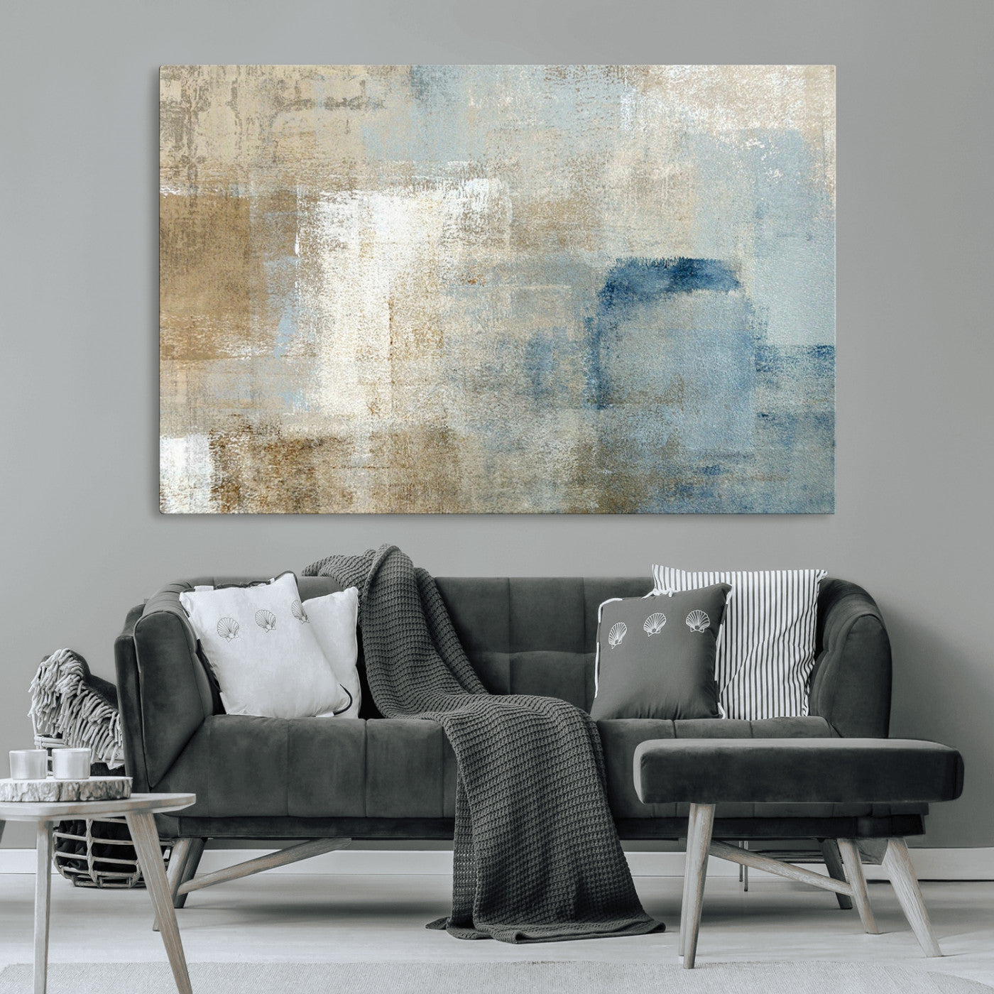 38126-MGV-CV-36X24-Neutral Abstract Wall Art – Modern Beige and Blue Canvas Print and Minimalist Textured Painting for Living Room, Bedroom or Office