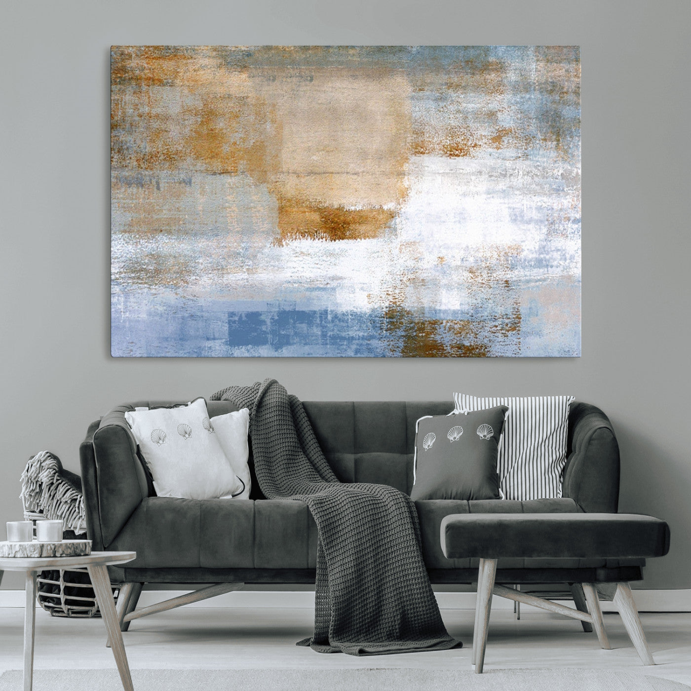 72354-MGV-CV-36X24-Blue and Gold Abstract Wall Art – Modern Minimalist Canvas Print, Textured Contemporary Painting for Living Room, Bedroom, or