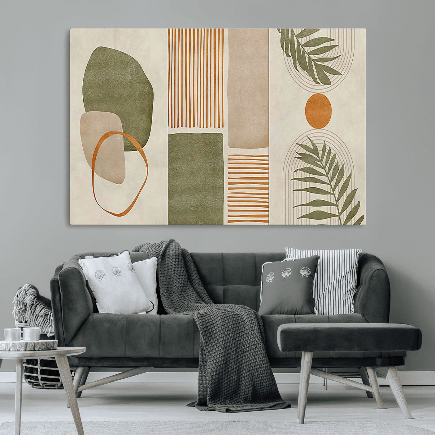 96002-MGV-CV-36X24-Abstract Geometric Wall Art – Modern Canvas Print with Green, Orange & Beige Shapes, Minimalist Home Decor for Living Room, Office