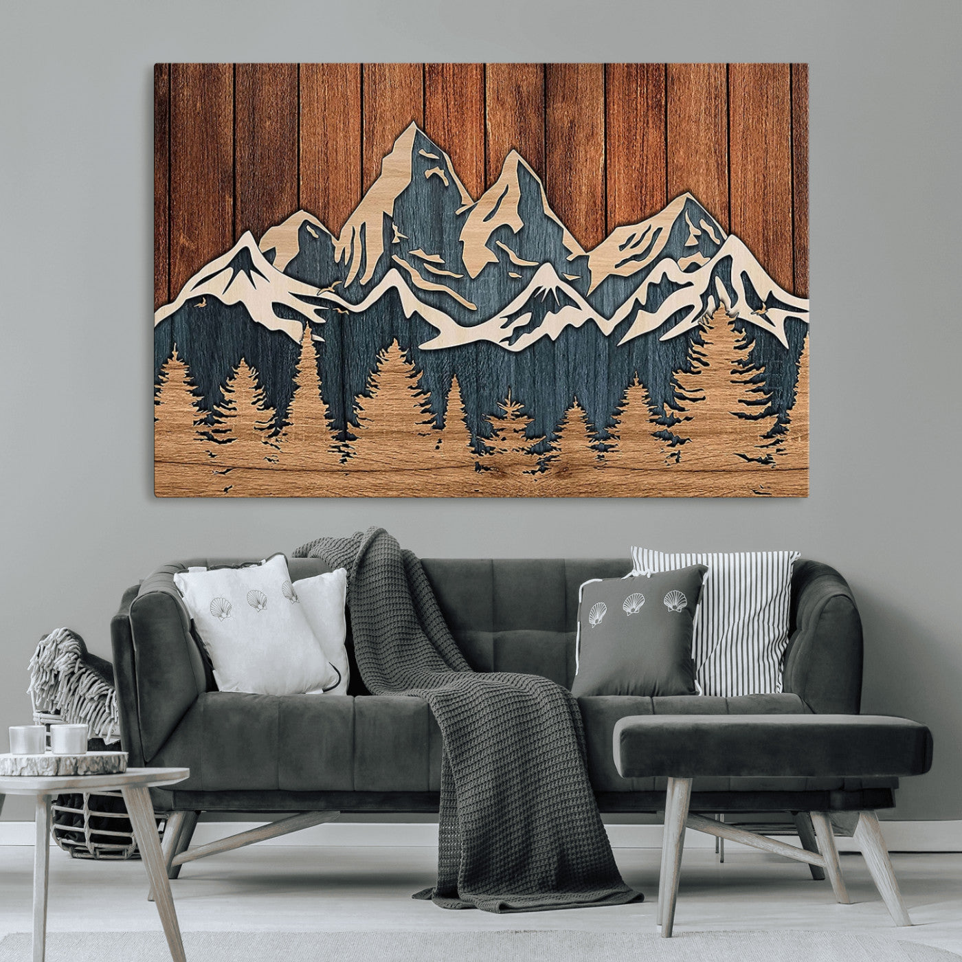 41330-MGV-CV-36X24-Rustic Mountain Wall Art – Wooden Nature Scene with Trees and Peaks, Handmade 3D Layered Decor for Living Room, Cabin or Office