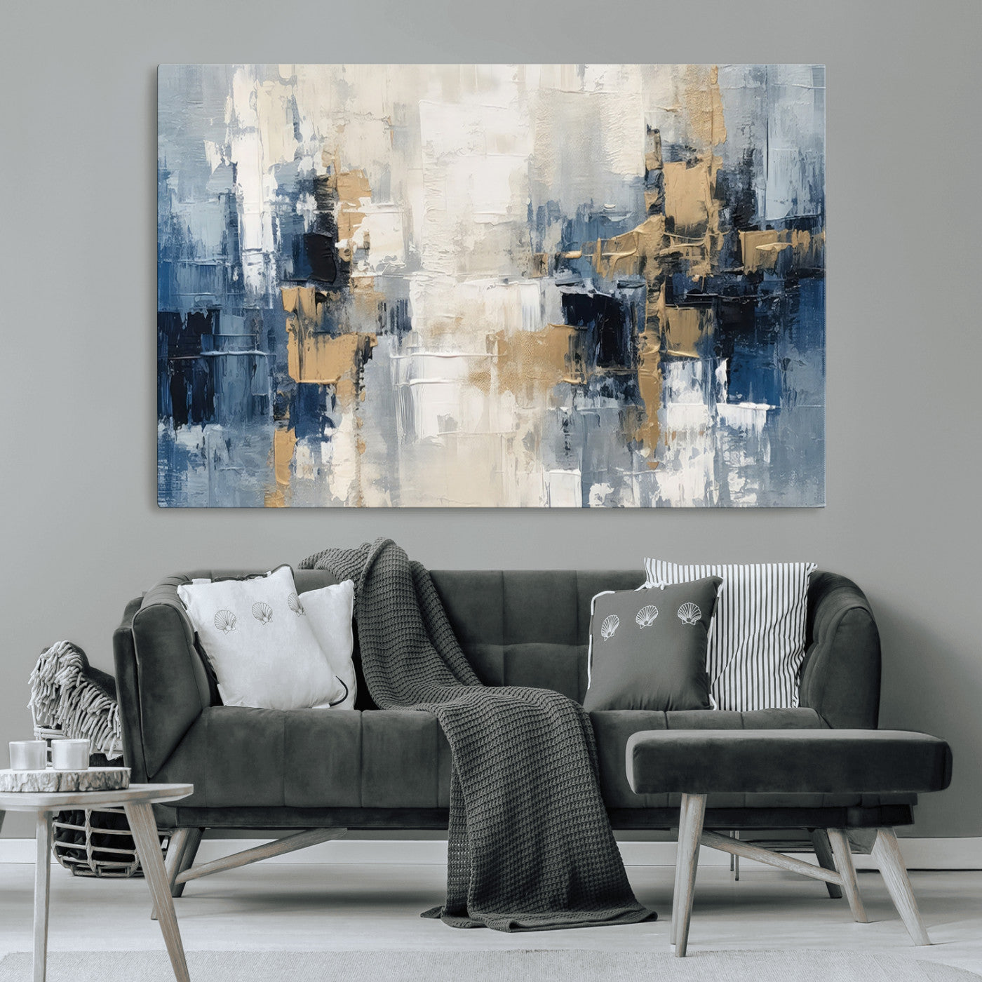 44344-MGV-CV-36X24-Abstract Blue and Gold Wall Art – Modern Hand Painted Canvas Print, Contemporary Textured Painting for Living Room, Bedroom or