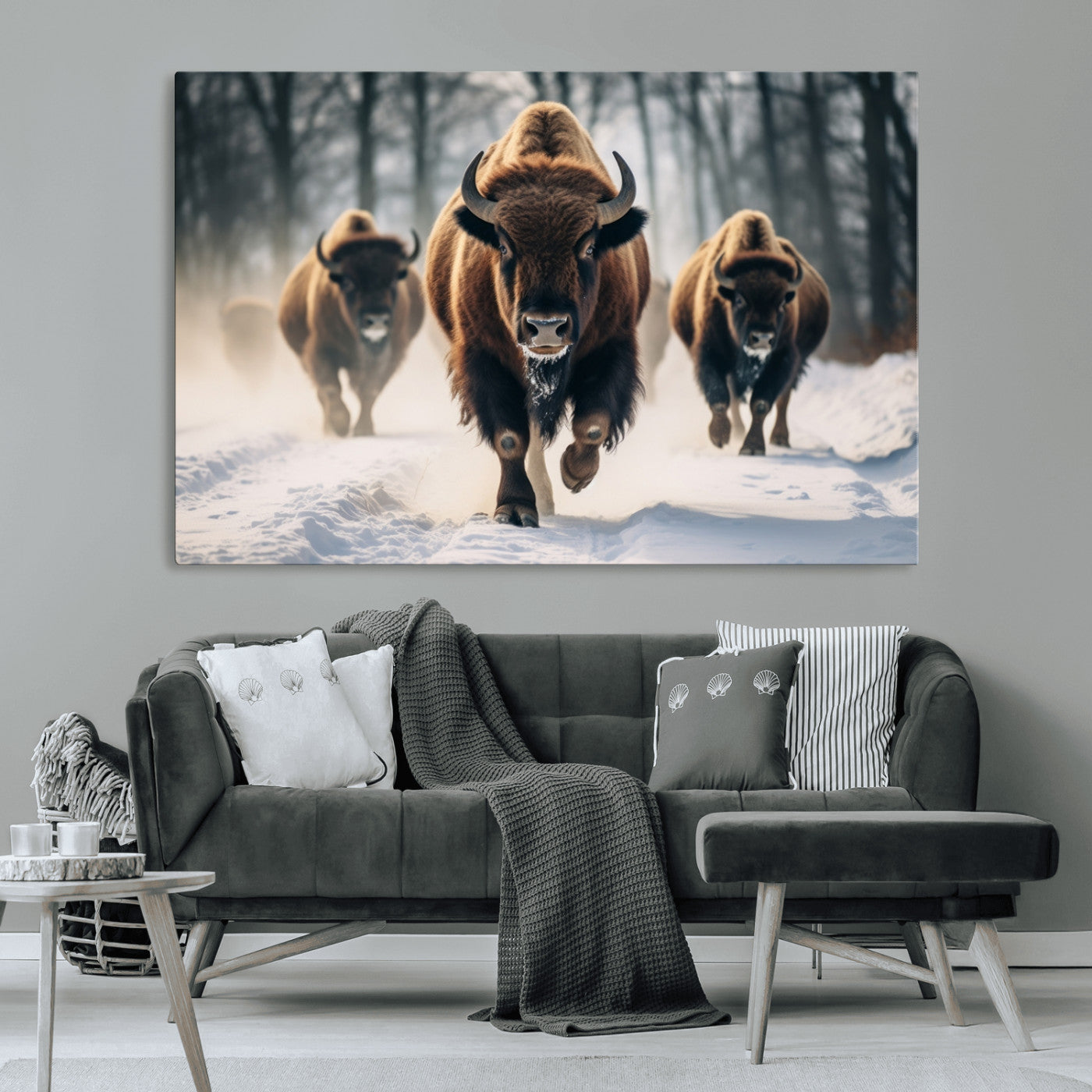 56549-MGV-CV-36X24-Wild Bison Wall Art – Majestic Buffalo Herd Running in Snow Canvas Print, Rustic Wildlife Photography Decor for Cabin, Lodge, or
