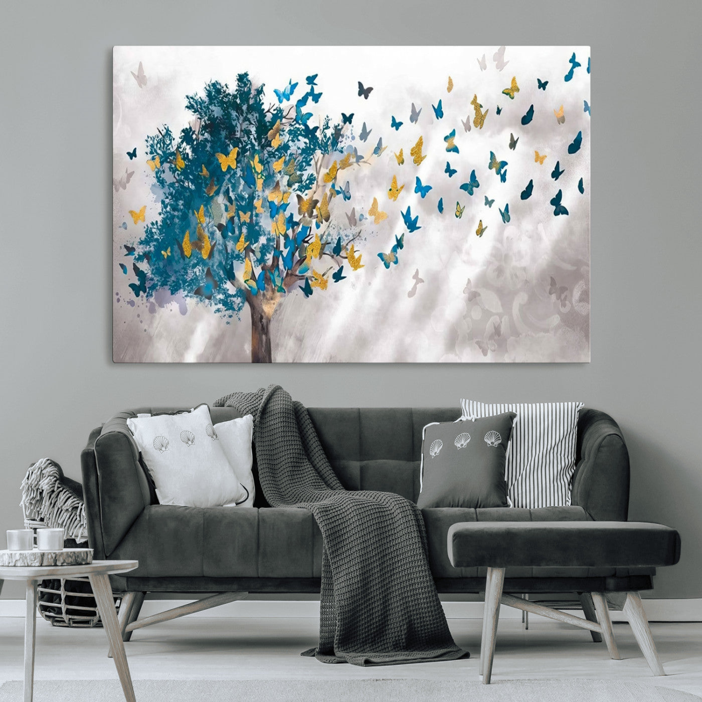 37564-MGV-CV-36X24-Butterfly Tree Wall Art – Modern Nature Canvas Print with Blue and Golden Butterflies, Elegant Decorative Painting for Living Room