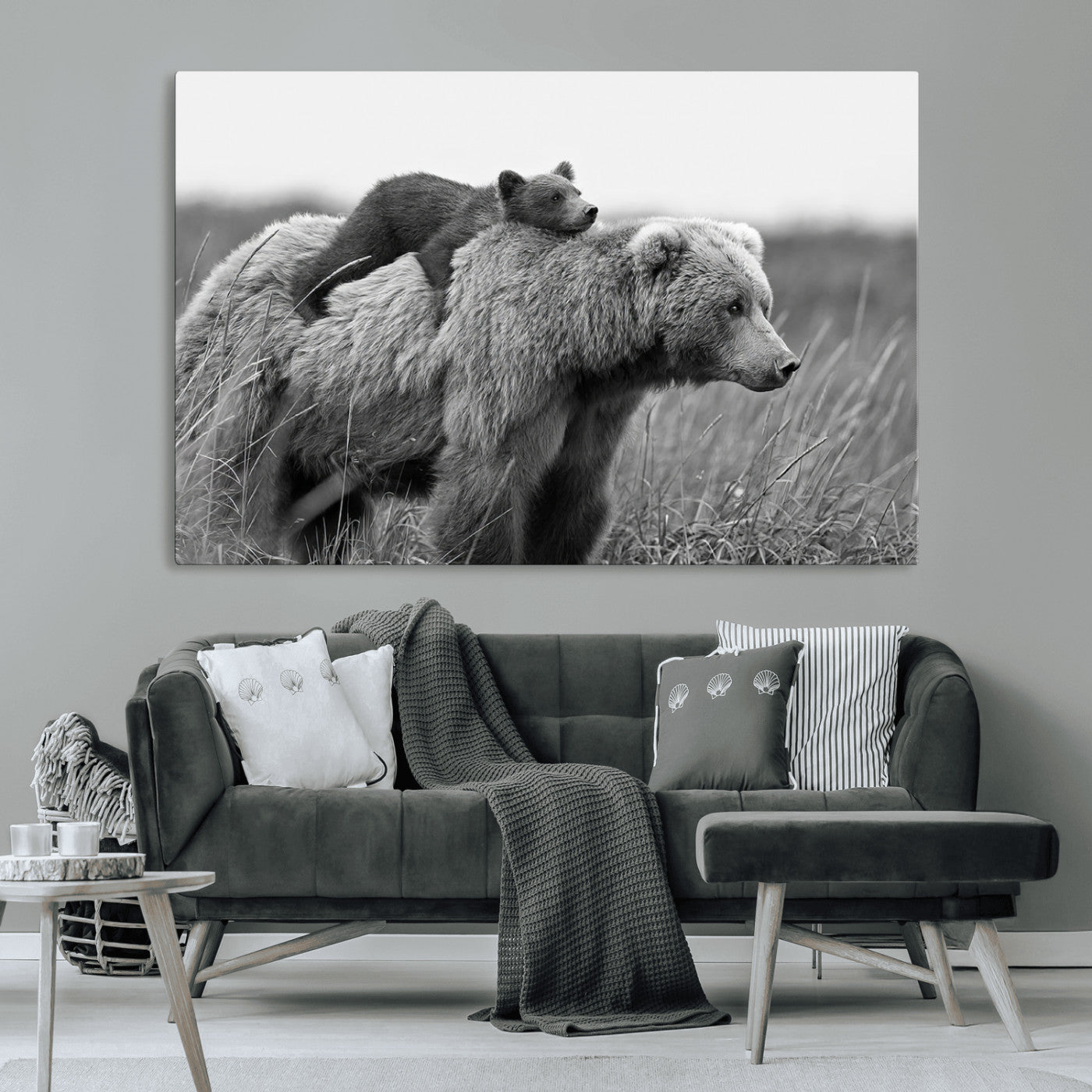76338-MGV-CV-36X24-Mother Bear and Cub Wall Art – Black and White Wildlife Canvas Print, Rustic Nature Photography for Cabin, Living Room or Office