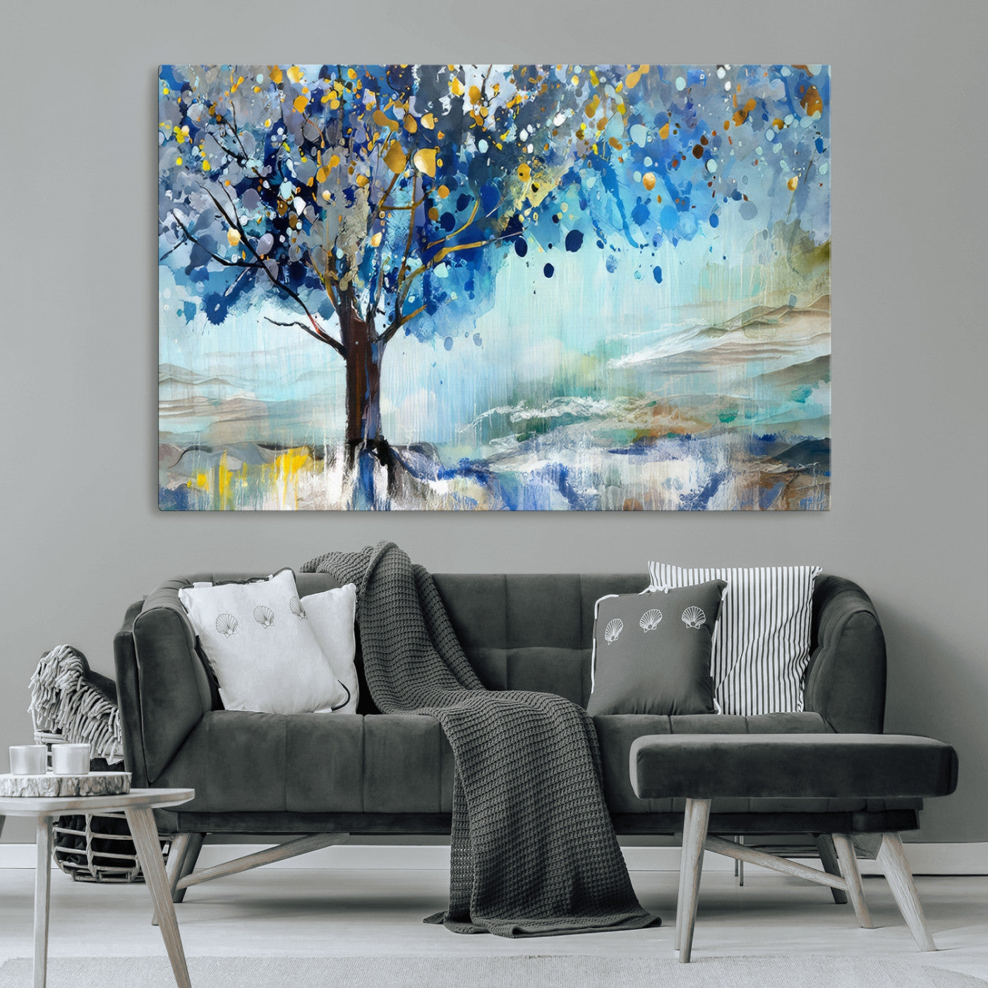 17018-MGV-CV-36X24-Abstract Blue Tree Wall Art – Colorful Canvas Painting with Gold and Silver Accents, Modern Nature Artwork for Living Room,