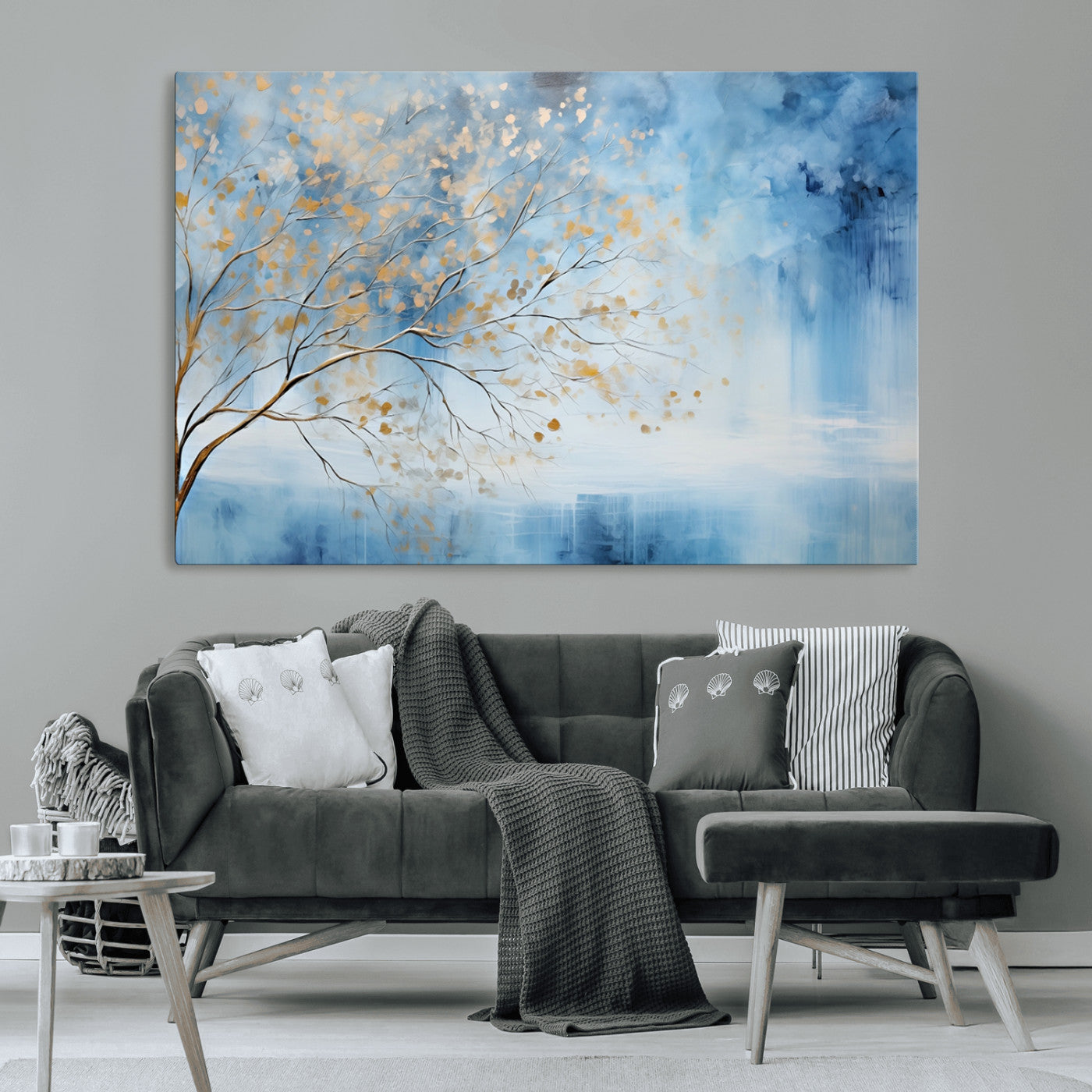 23891-MGV-CV-36X24-Abstract Tree Wall Art – Minimalist Blue and Gold Canvas Painting, Elegant Nature-Inspired Artwork for Living Room, Bedroom or