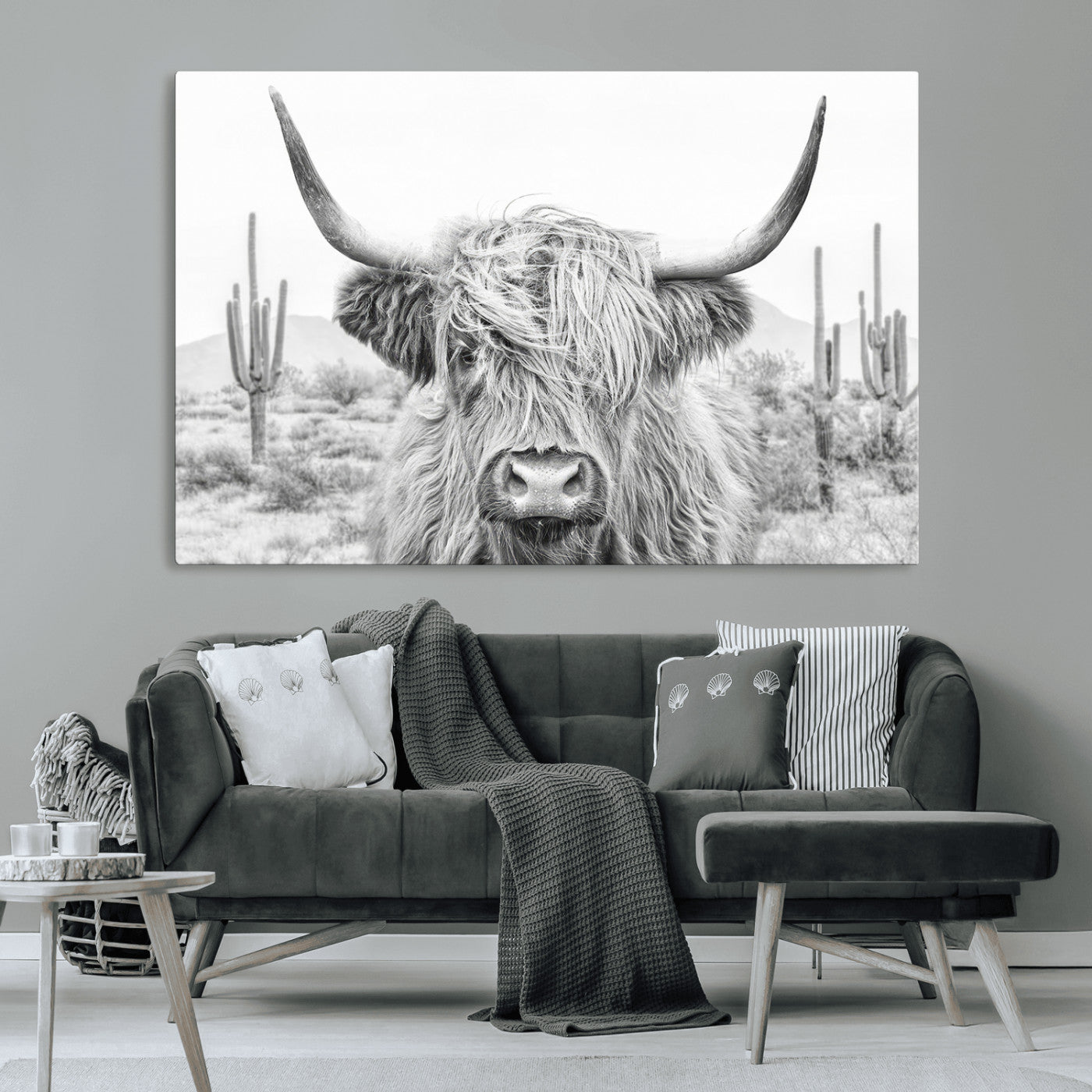 94579-MGV-CV-36X24-Highland Cow Wall Art – Black and White Longhorn Canvas Print, Rustic Western Farmhouse Animal Photography for Living Room,