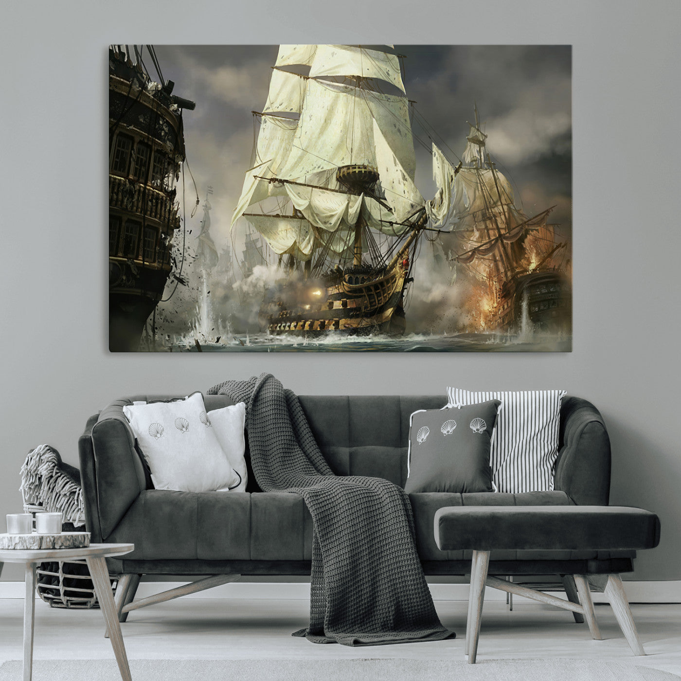 26512-MGV-CV-36X24-Naval Battle Wall Art – Dramatic Tall Ship Canvas Print, Historic Pirate Sailing War Scene, Nautical Decor for Office, Study or