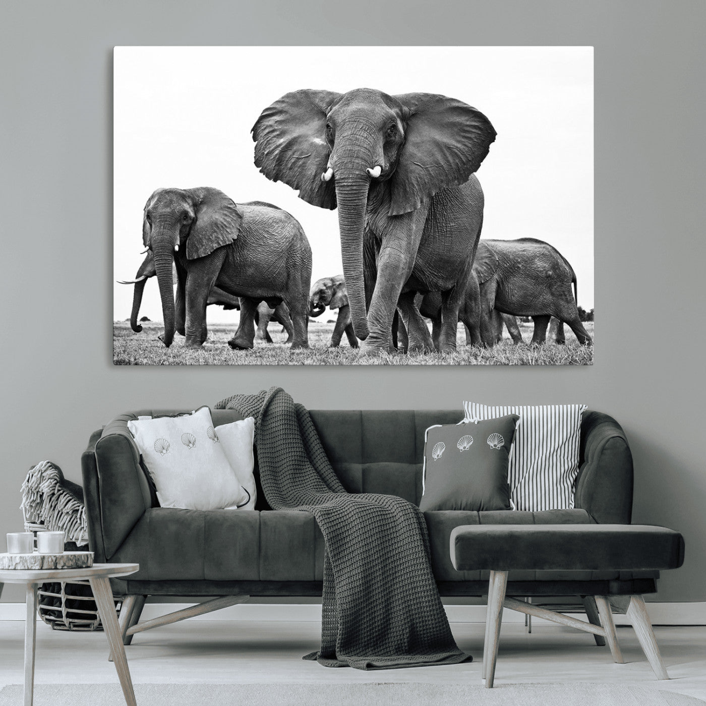 91685-MGV-CV-36X24-Elephant Herd Wall Art – Black and White Safari Canvas Print, African Wildlife Photography Decor for Living Room, Office or