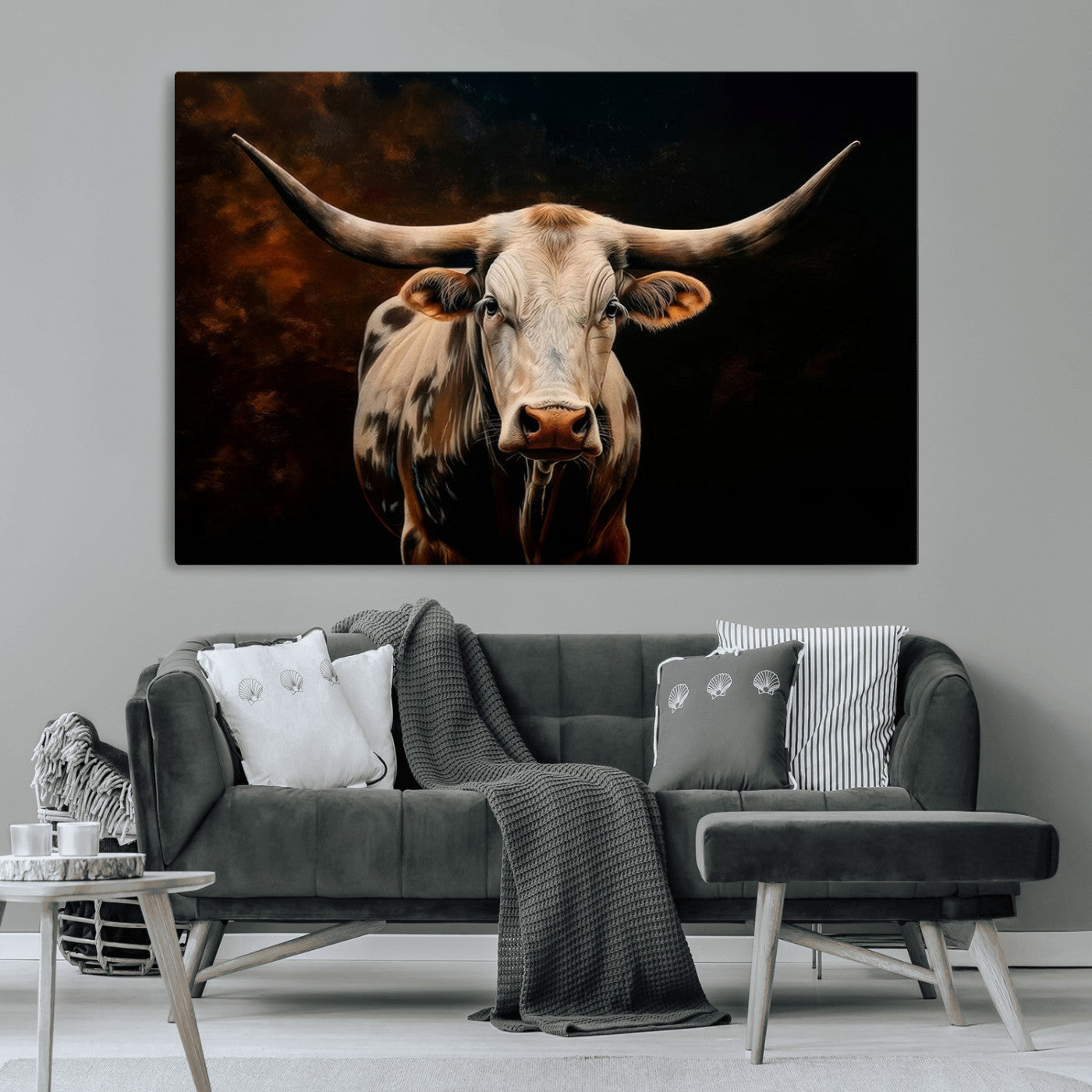 70522-MGV-CV-36X24-Longhorn Bull Wall Art – Striking Canvas Print of Majestic Bull, Premium Animal Decor for Home, Office, Man Cave, or Living Room